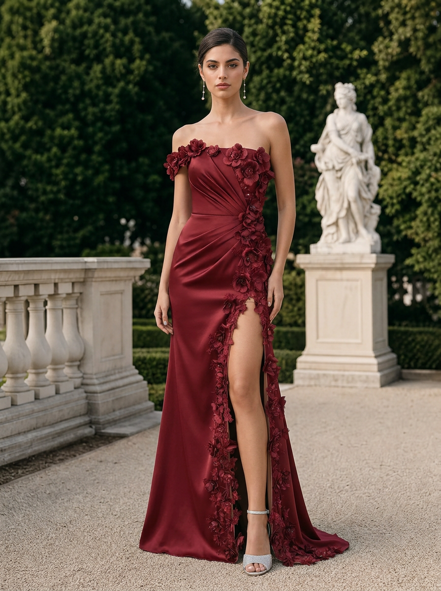 Strapless Satin 3D Floral Slit Evening Gown