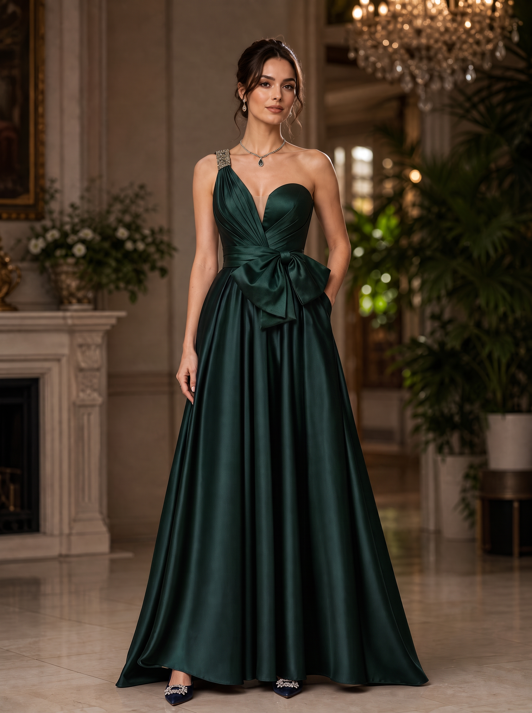 One-Shoulder Satin Pleated Maxi Dress With Bow