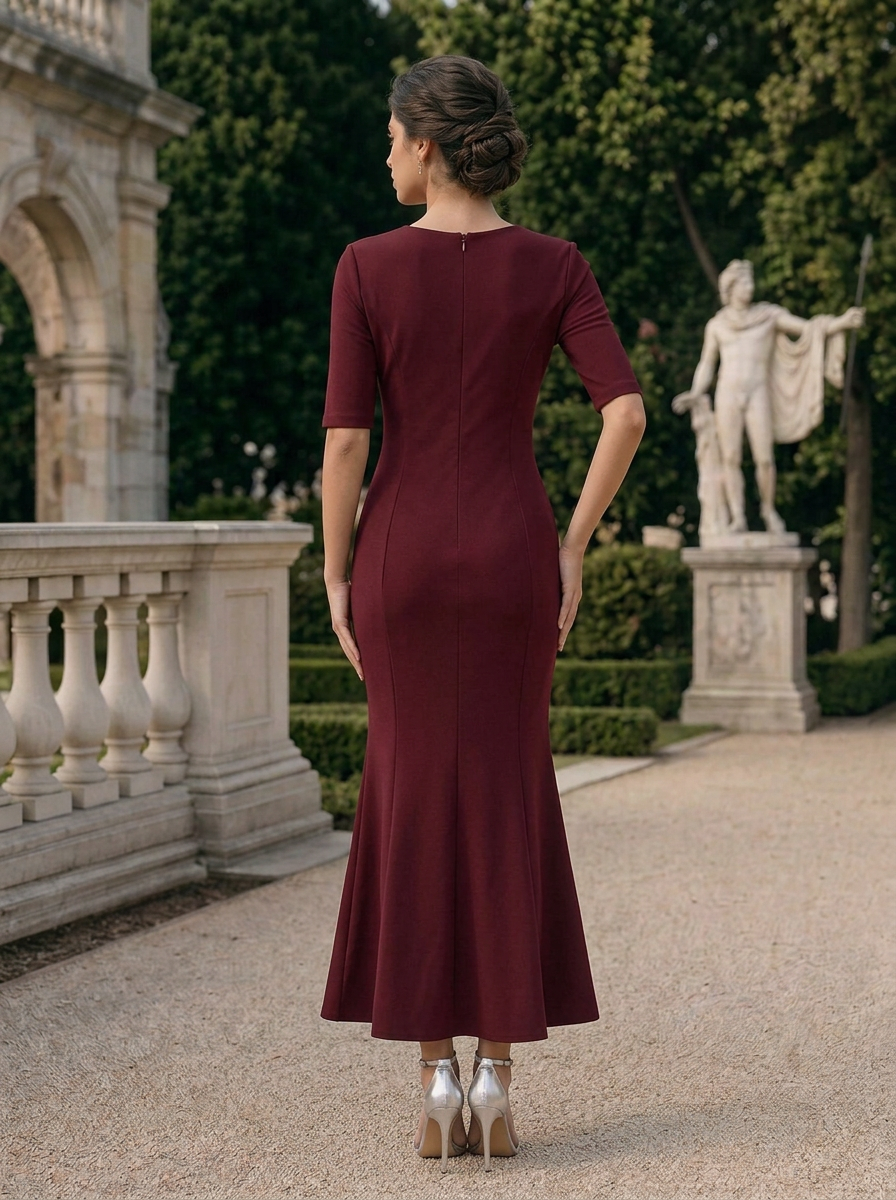 Half Sleeve Crepe Midi Dress With Cutout Detail