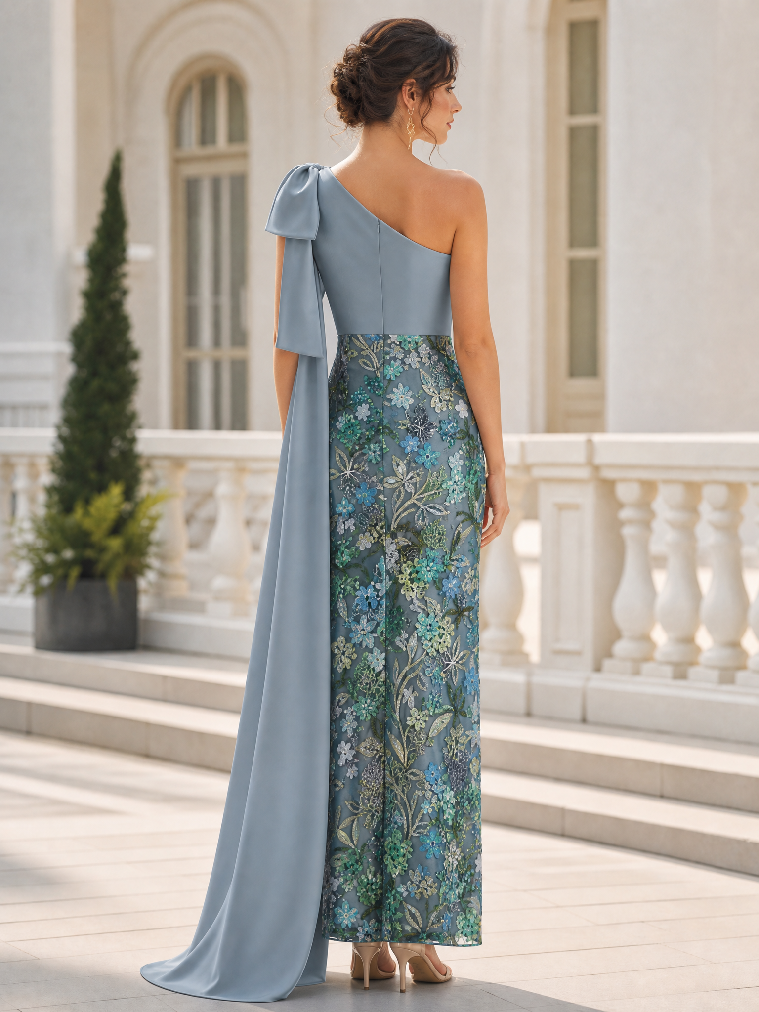 One-Shoulder Embroidered Tulle And Satin Evening Gown