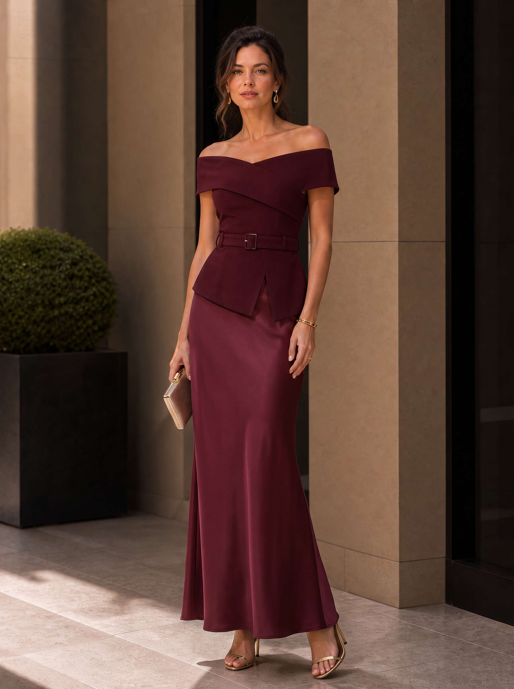 Off-Shoulder Satin Matching Peplum Top And Skirt Set