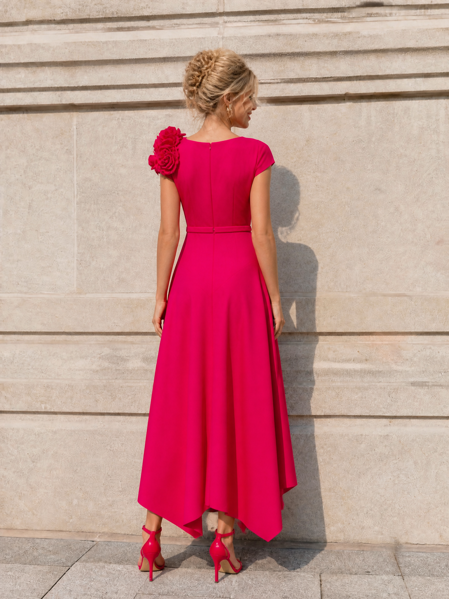 Fuchsia Asymmetric Satin Midi Dress With 3D Floral Applique