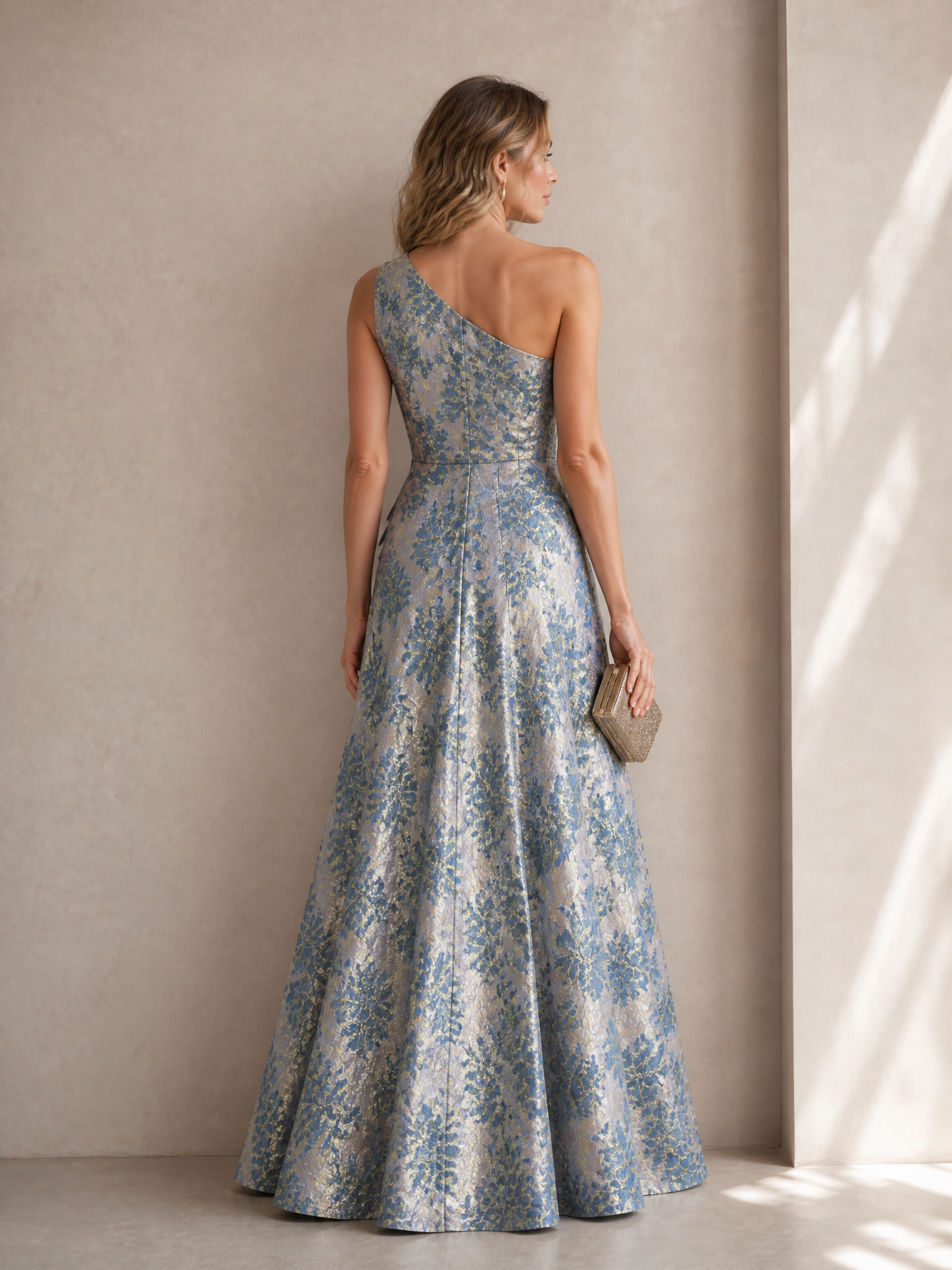 One-Shoulder Metallic Brocade Ruffled Maxi Gown