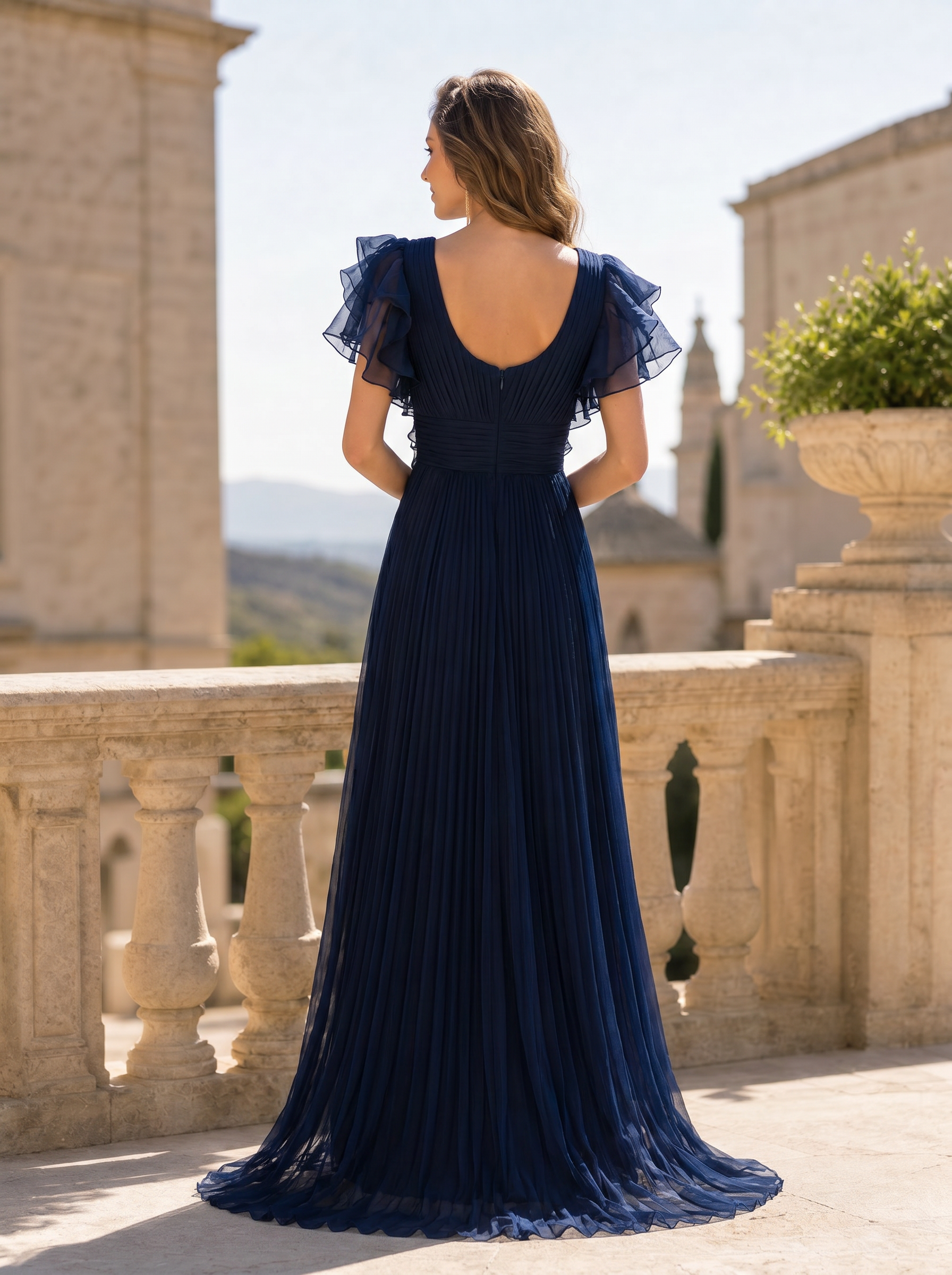 Ruffled Flutter-Sleeve Pleated Chiffon Evening Gown