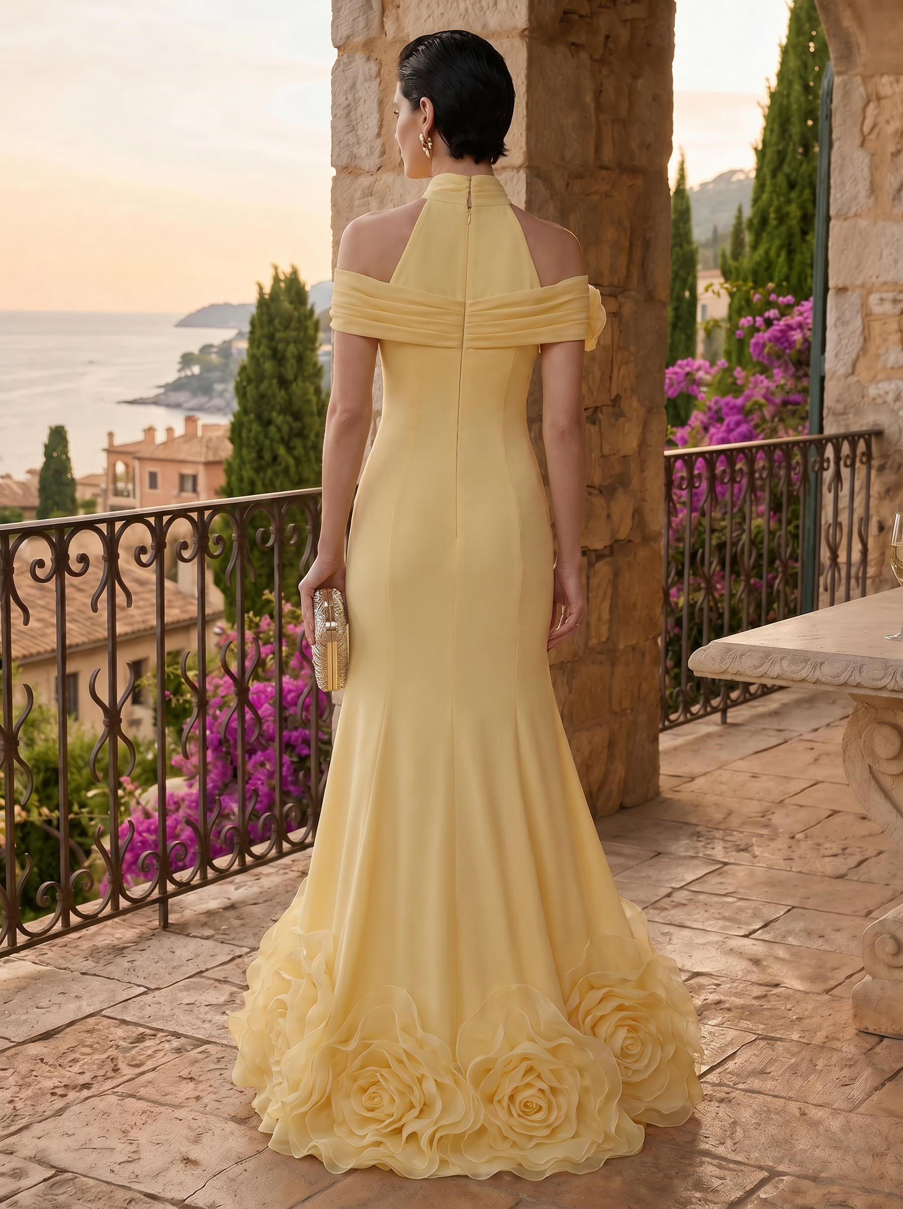 Floral Appliqué Halter Neck Mermaid Gown