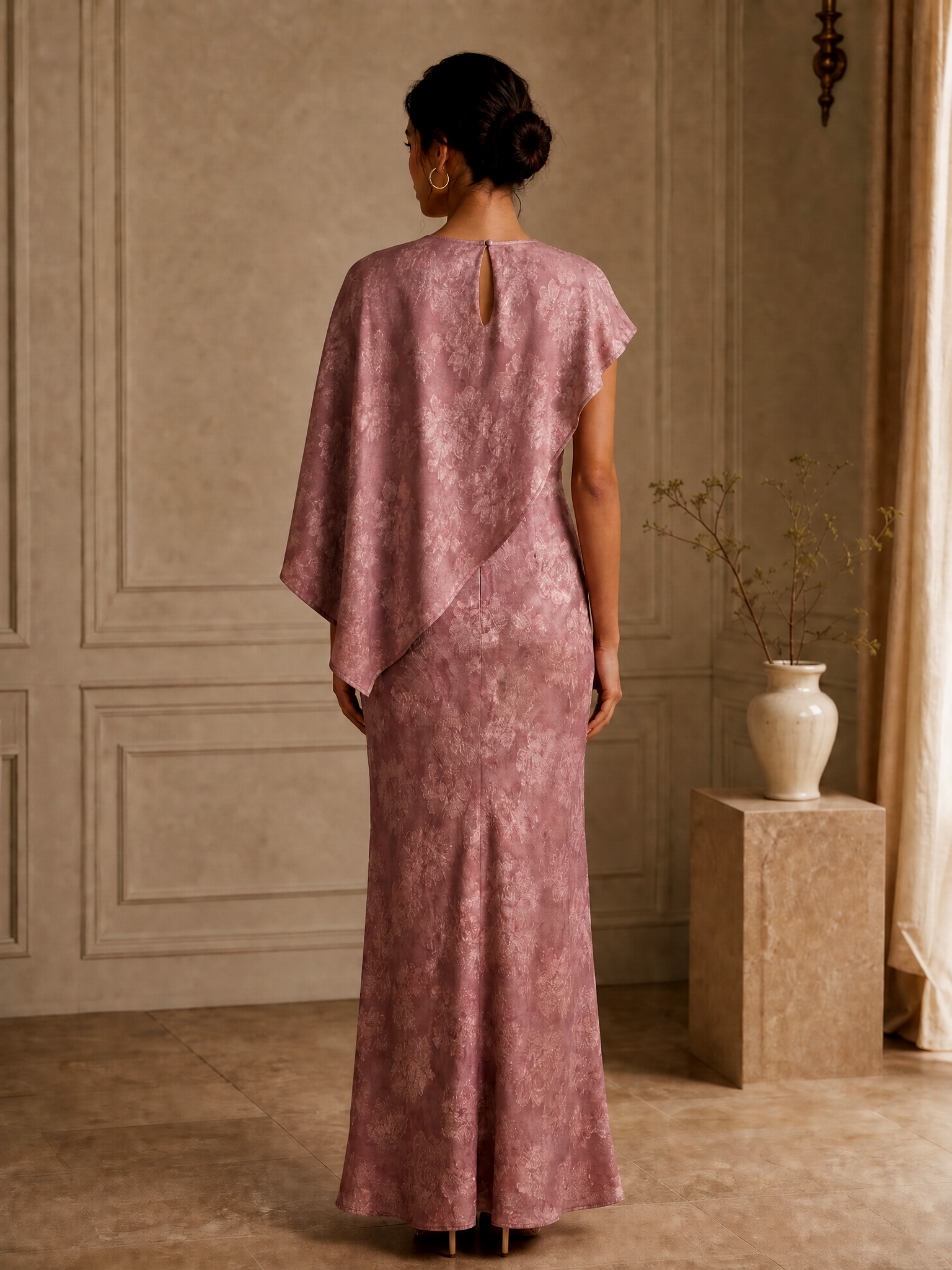 Asymmetric Draped Overlay Floral Chiffon Evening Gown