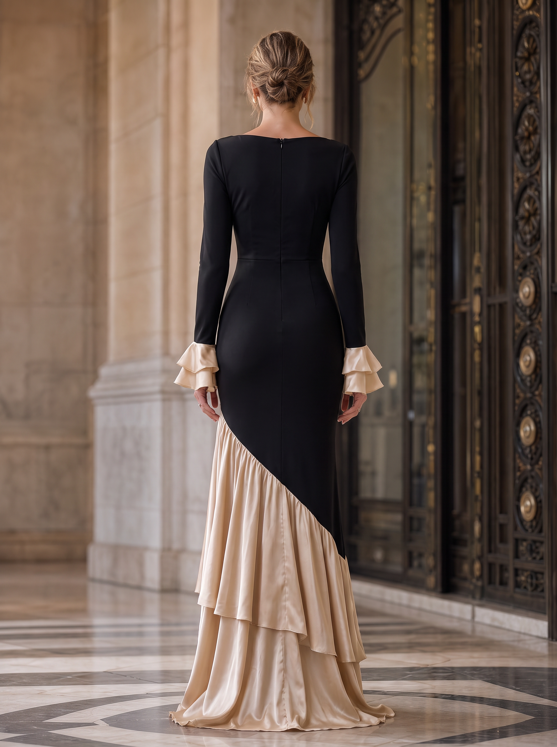 Keyhole Ruffle-Trim Long-Sleeve Evening Gown