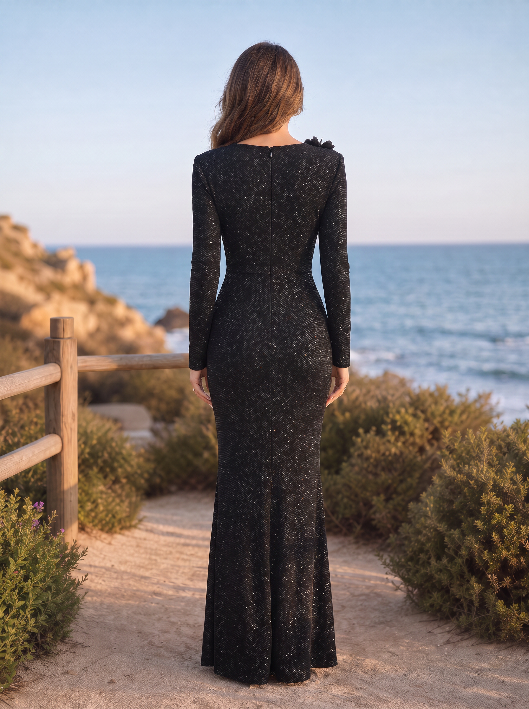 Shimmering Floral-Accented Long-Sleeve Evening Gown