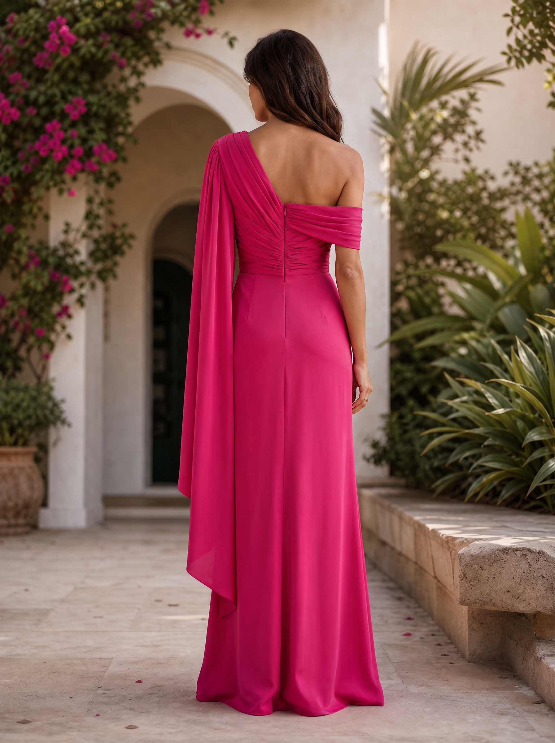 One-Shoulder Draped Chiffon Evening Gown with Slit