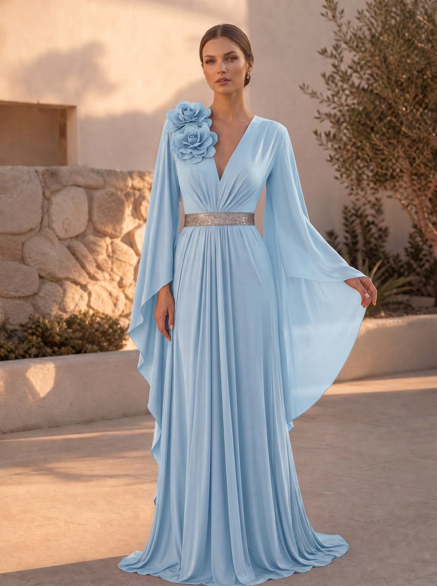 V-Neck Pleated Chiffon Evening Gown with Bell Sleeves and Floral Applique