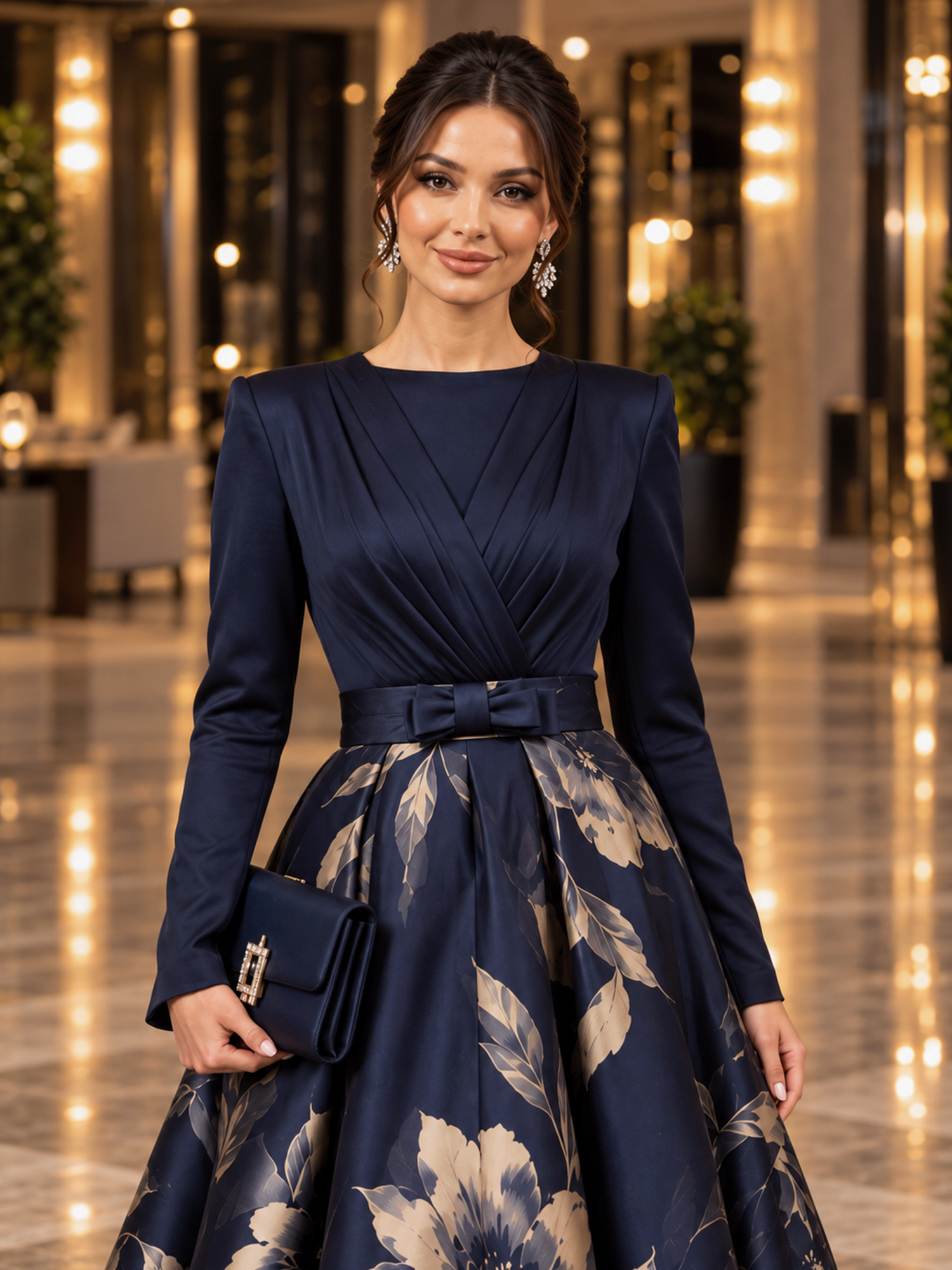 Long Sleeve Floral Print A-Line Evening Gown