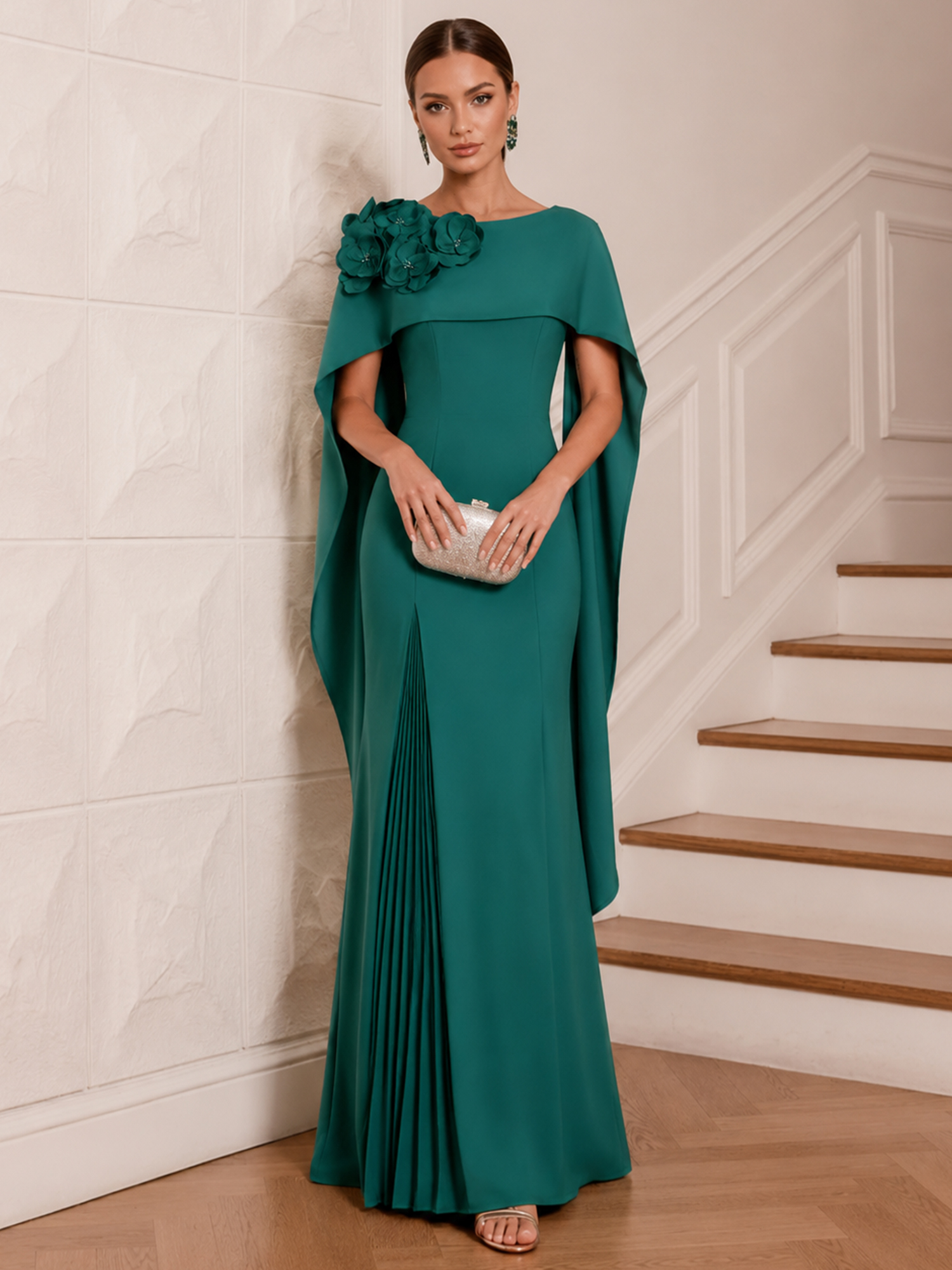 Cape Sleeve 3D Flower Mermaid Evening Gown