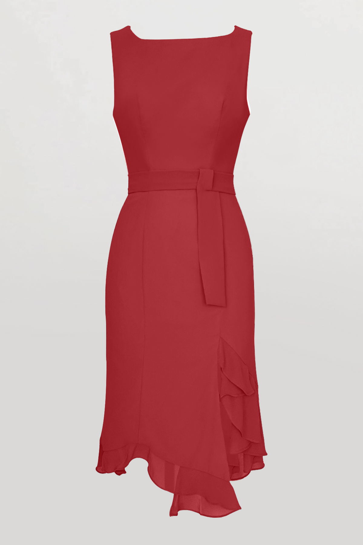 Work Dress Red Asymmetrical Hem Crew Neck Sleeveless Midi Dress