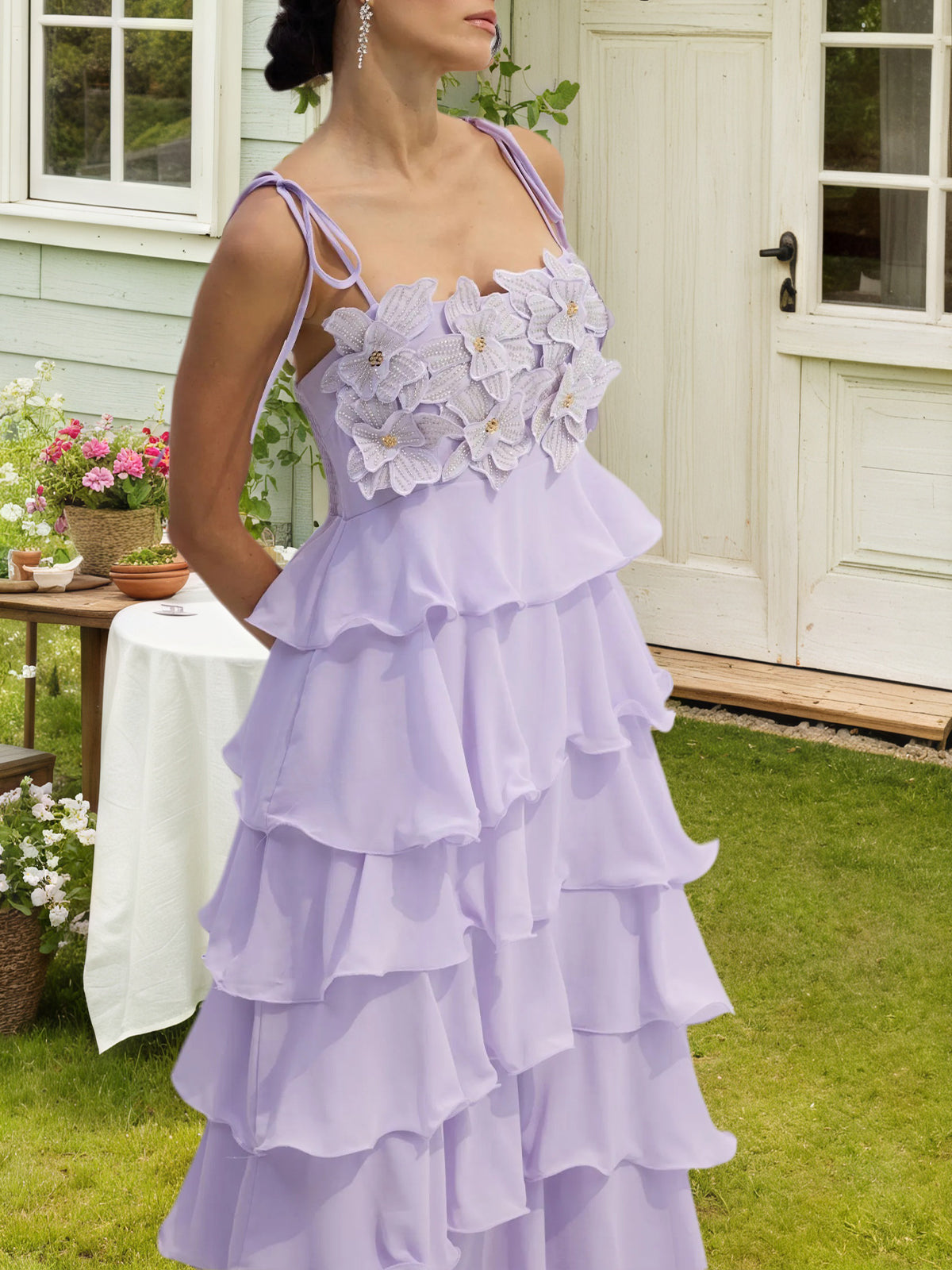 Embroidered Chiffon Ruffle Maxi Dress