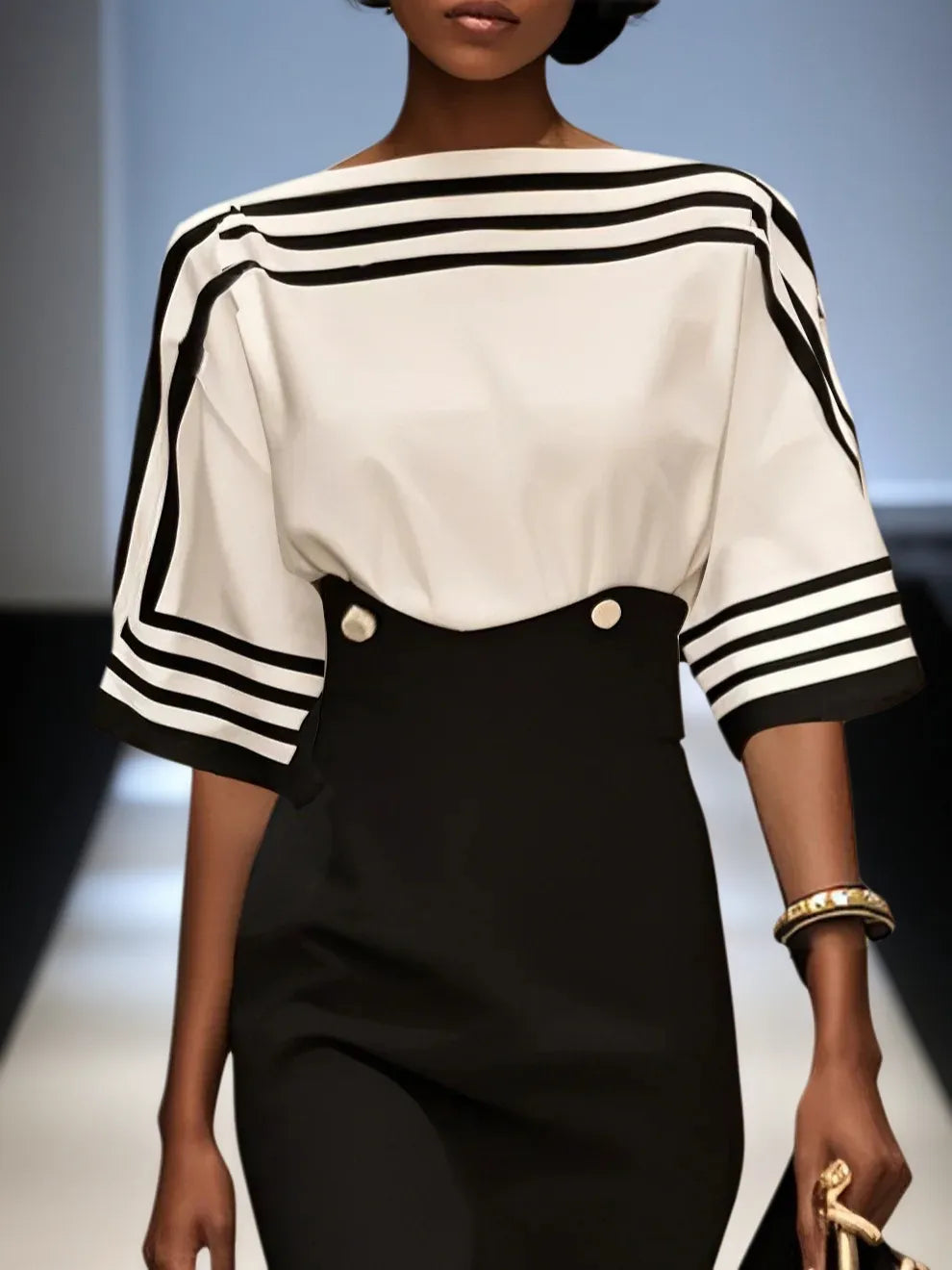 Black Striped Boat Neck Half Sleeve Sheath Midi Satin Dress