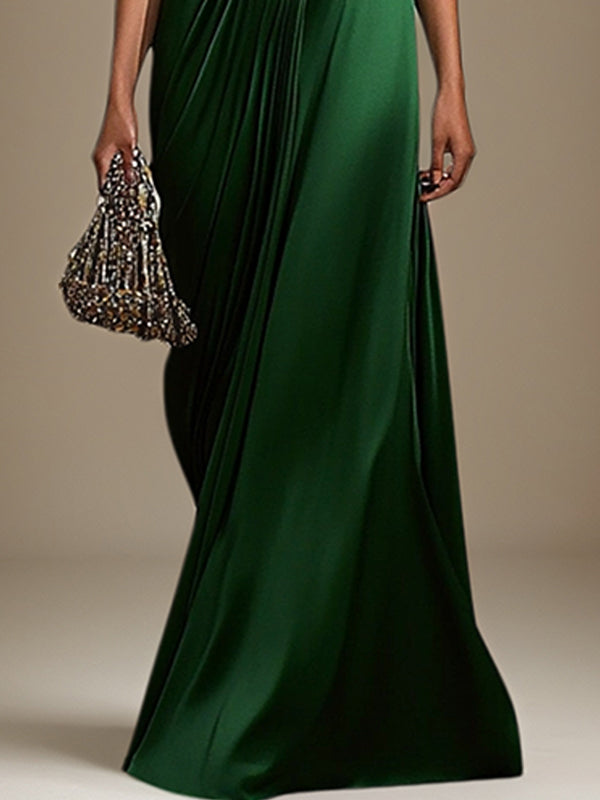 Green Satin V Neck Sleeveless Floor Length Formal Dress With Pleated