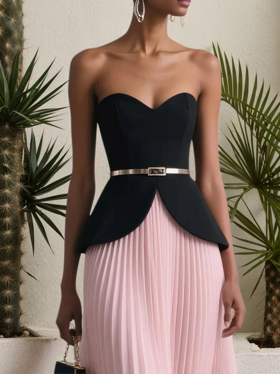 Women Pink Pleated Strapless Sleeveless Dressy Top With Skirt Two-Piece Set