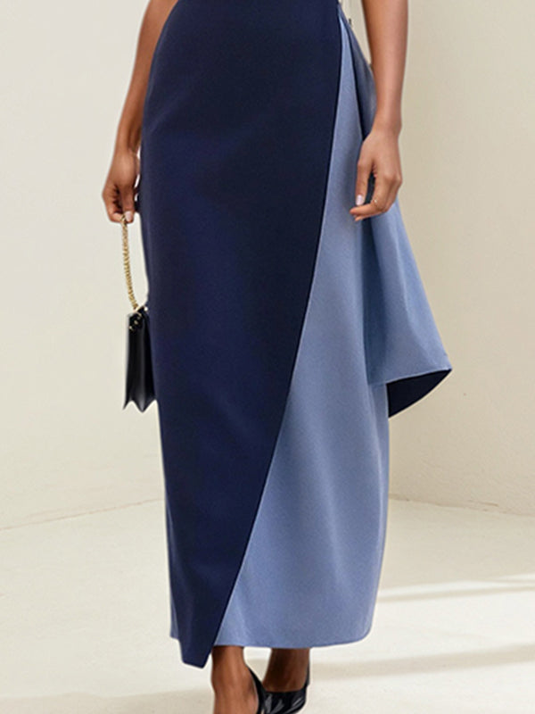 Royal Blue&Steel Blue Stretch Crepe One Shoulder Short Sleeves Ankle Length Dress