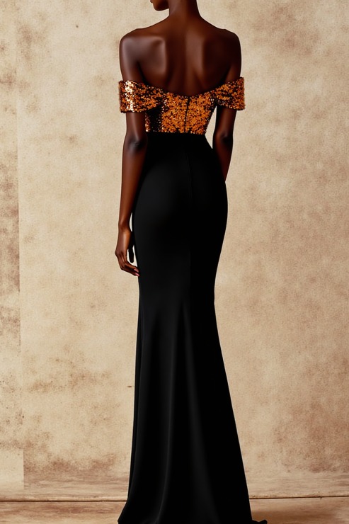 Evening Formal Dress Golden Off the Shoulder Sequin Maxi Dress