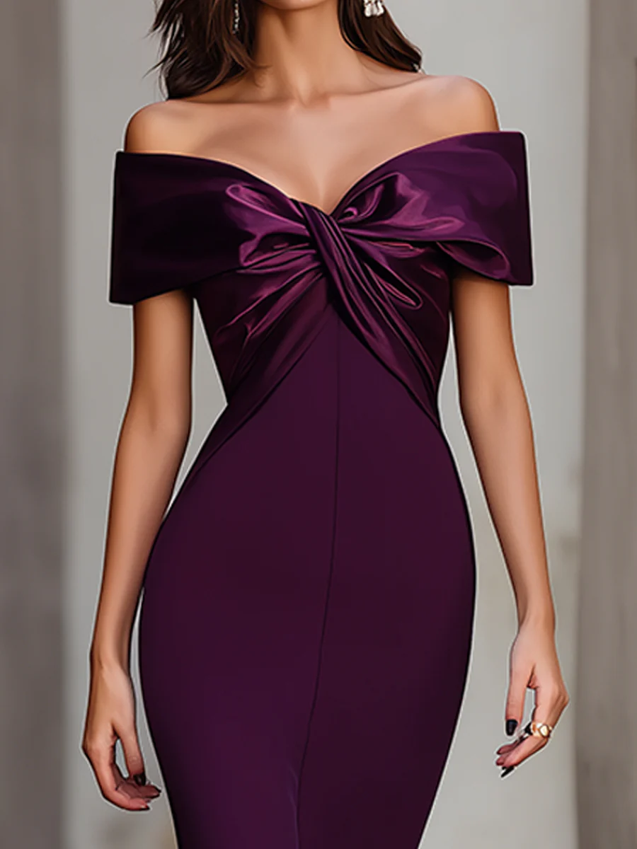 Purple Elegant Off-Shoulder Satin Bow Mermaid Evening Gown