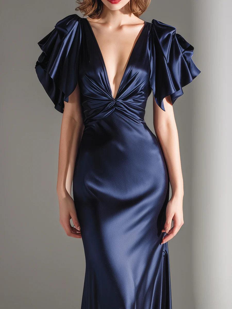 Navy Blue Statement Pleated-Sleeve Deep V Knot-Front Evening Gown