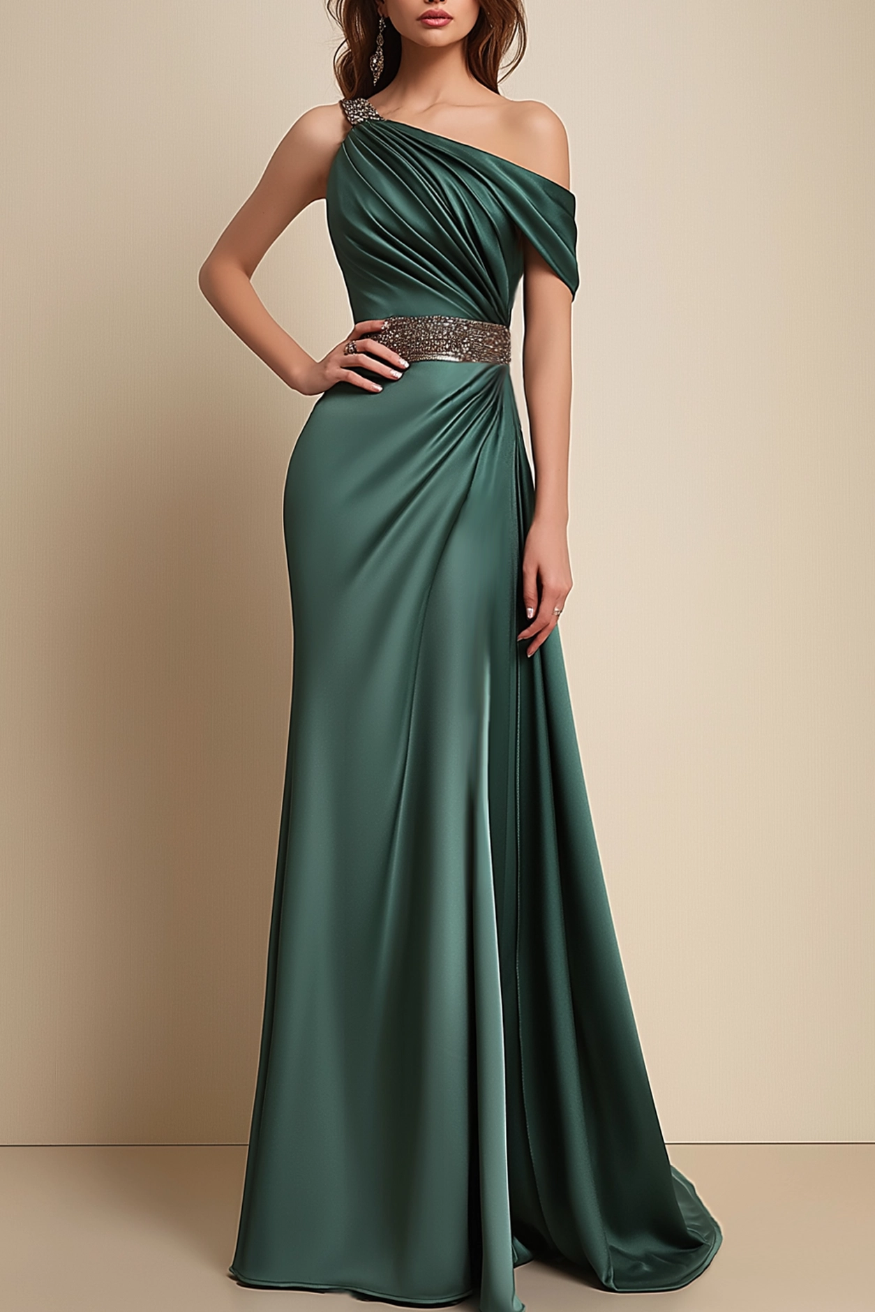 Formal Dress Green One-Shoulder Rhinestone Waist Belt Maxi Dress