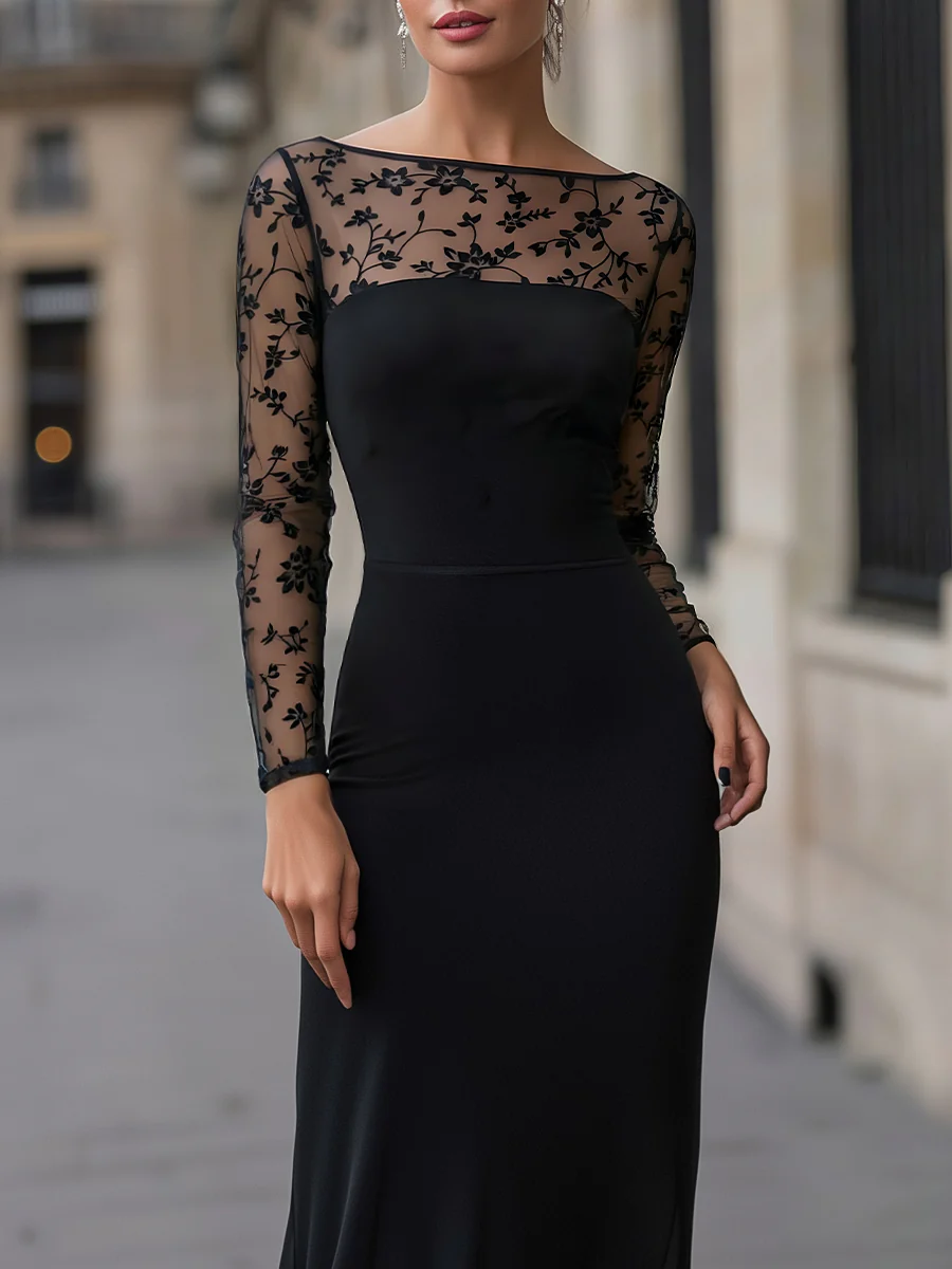 Black Embroidered Sheer-Panel Evening Gow