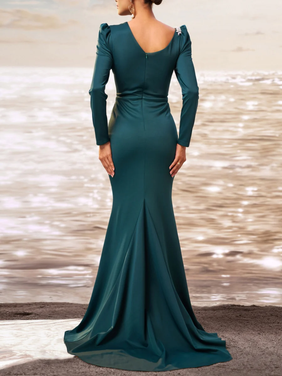 Trumpet/Mermaid Asymmetrical Collar Evening Dresses with Split Side Stretch Satin Floor-Length Long Sleeves Party Dresses