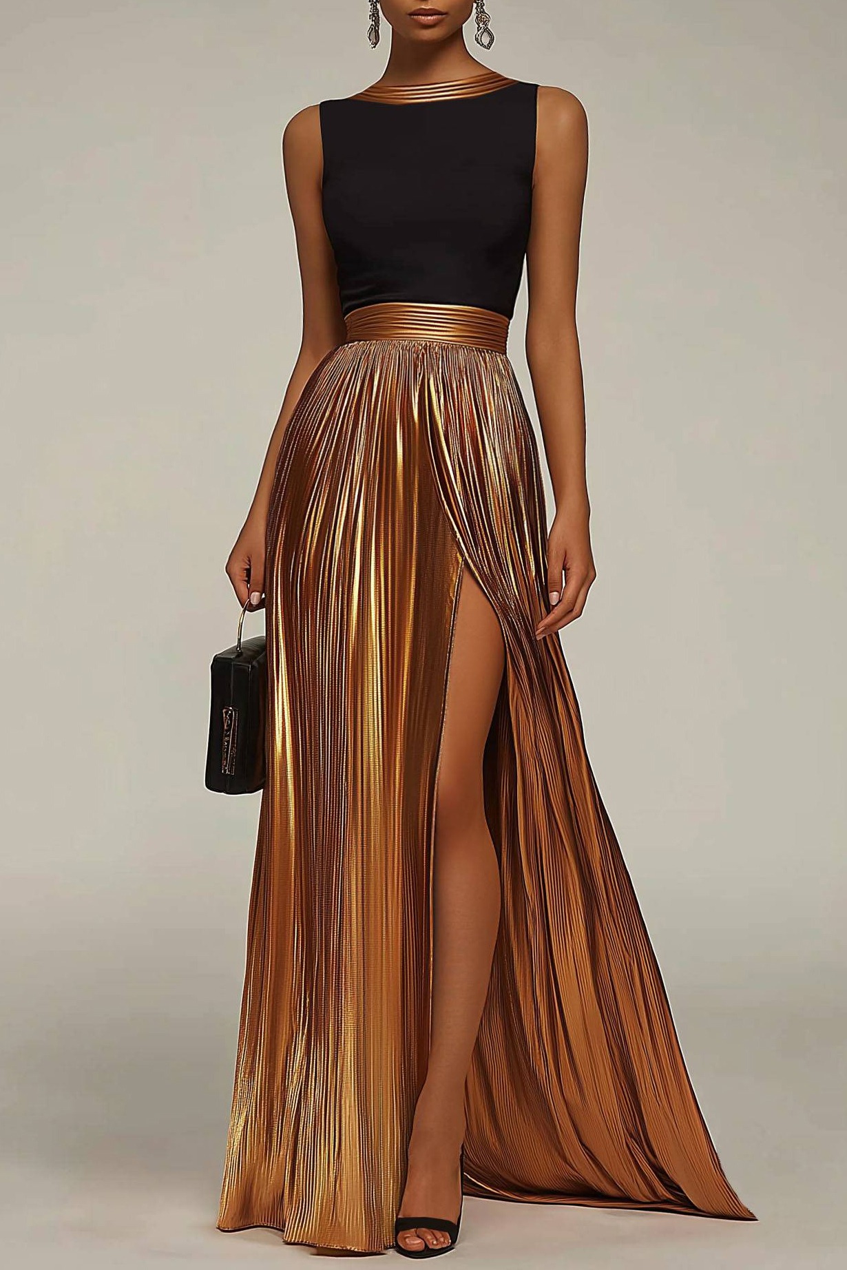 Evening Formal Dress Black Gold Round Neck Sleeveless Pleated Maxi Dress