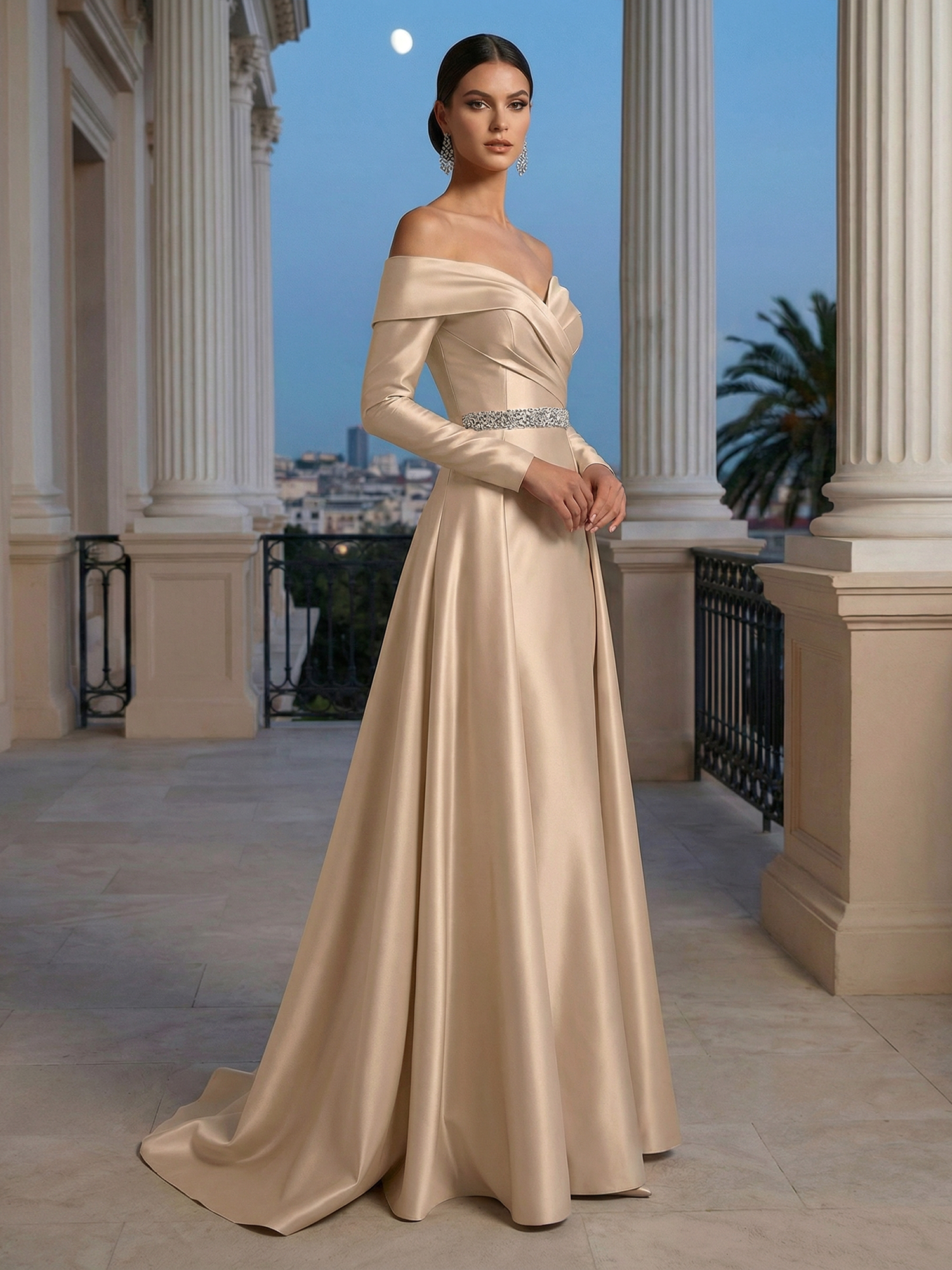 Formal Gold Satin Dress Off The Shoulder Long Sleeve Maxi Gown