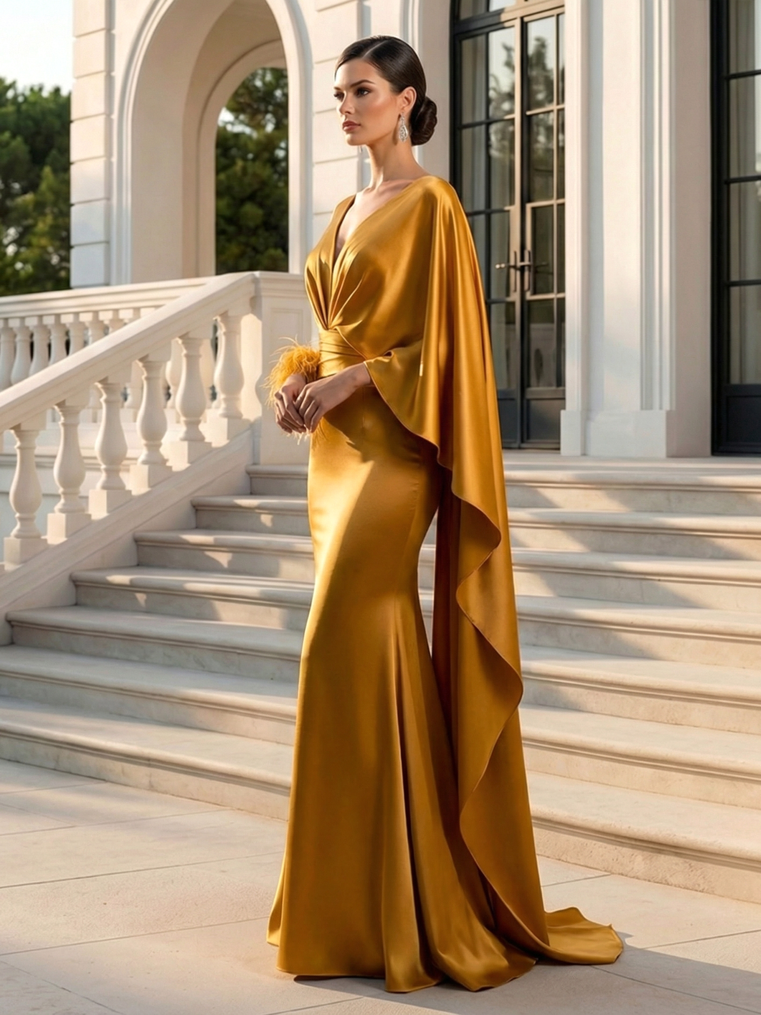 Evening Formal Gold Satin Dress V Neck Long Sleeve Cape Maxi Gown