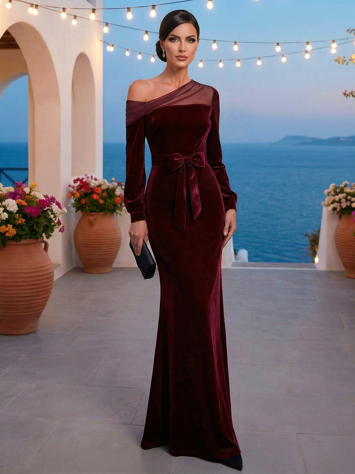 Evening Formal Dress Burgundy One Shoulder Velvet Maxi Dress