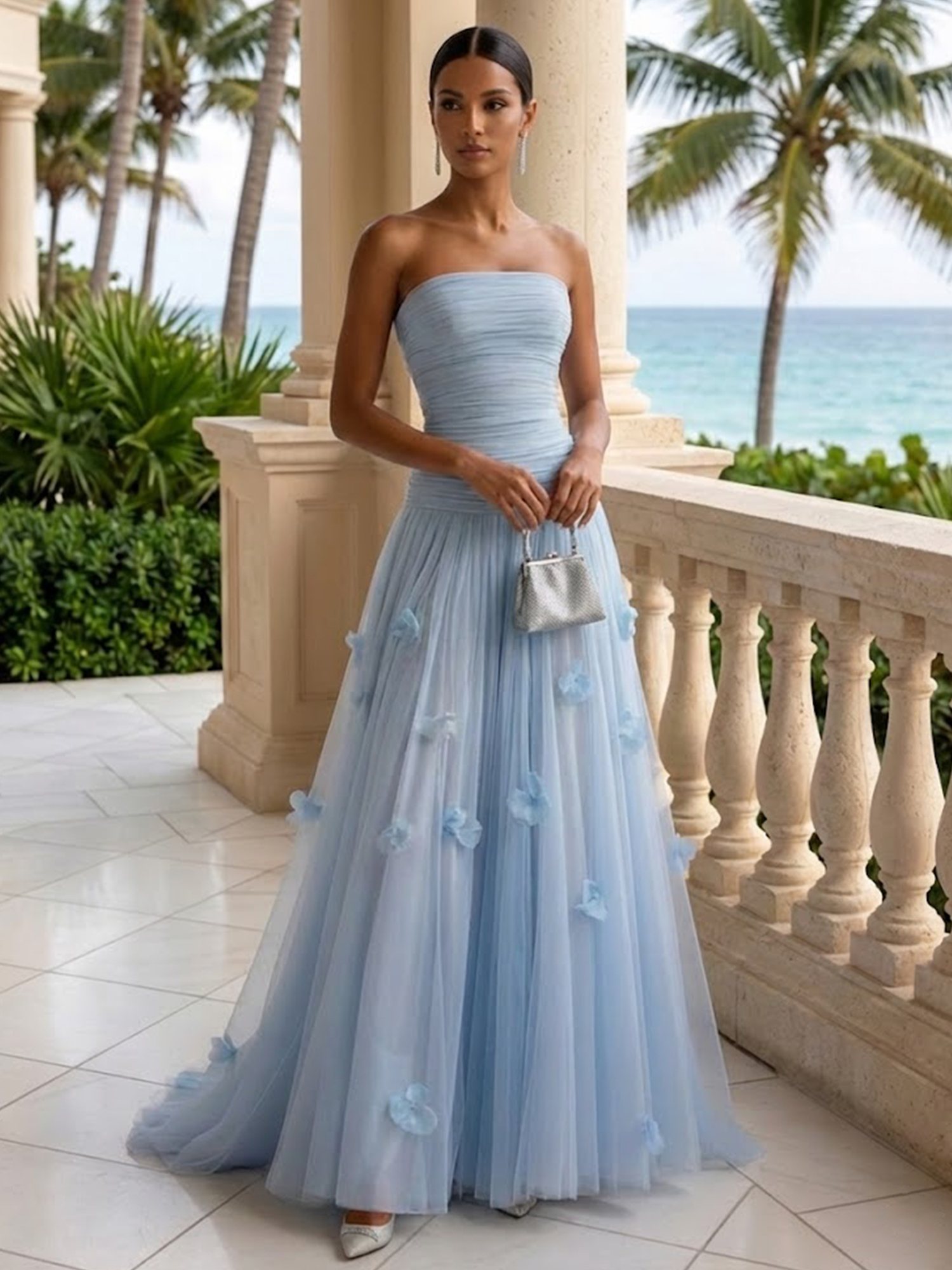 Light Blue 3D Floral Ruched Tulle Strapless Sleeveless A-Line Gown Dress