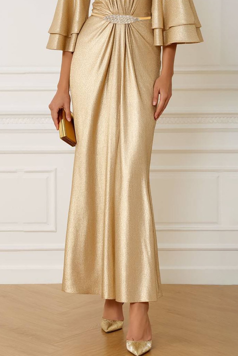 Formal Party Dress Gold Round Neck Ruffle Sleeve Belted Maxi Dress