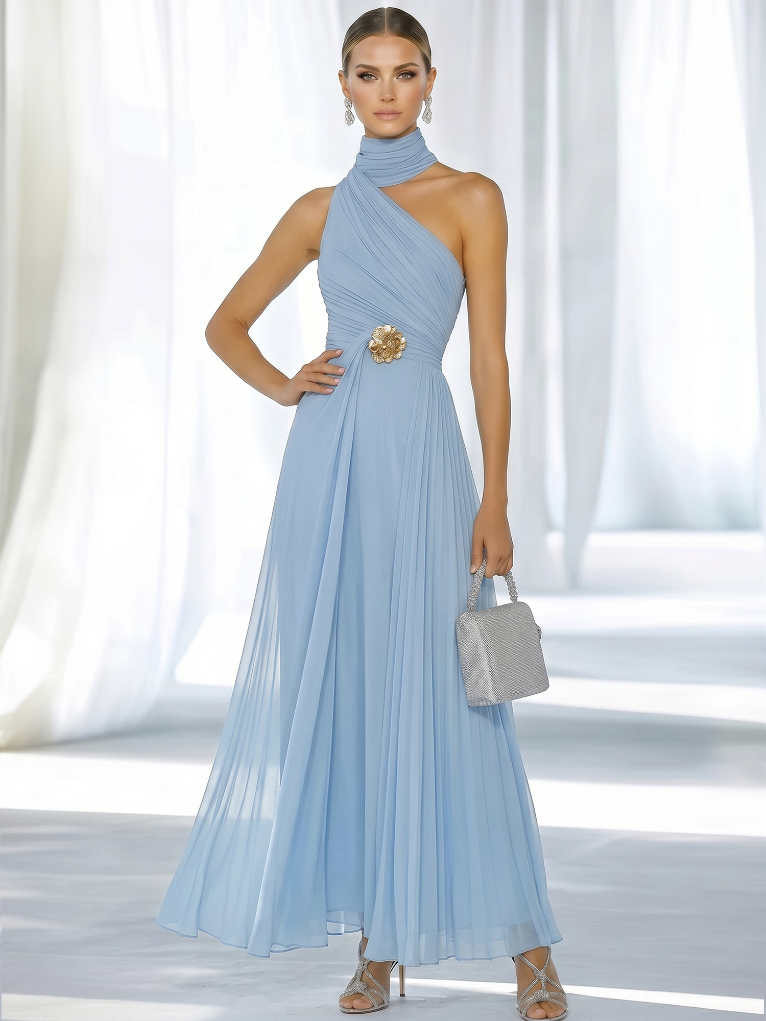 Ethereal Pleated Chiffon Evening Gown