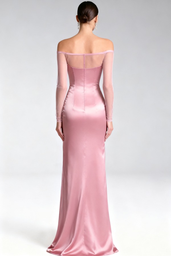 Formal Dress Pink Off the Shoulder Satin Maxi Dress with Slit