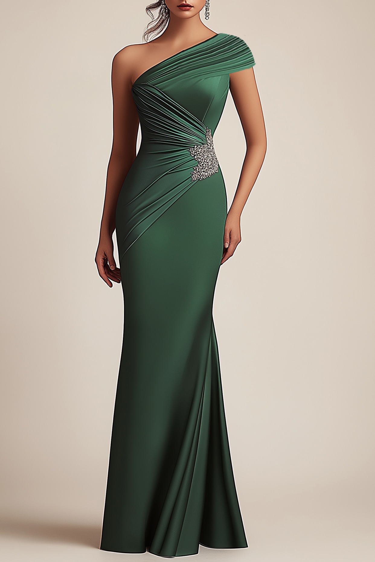 Formal Evening Dress Green One Shoulder Pleated Rhinestone Maxi Gown