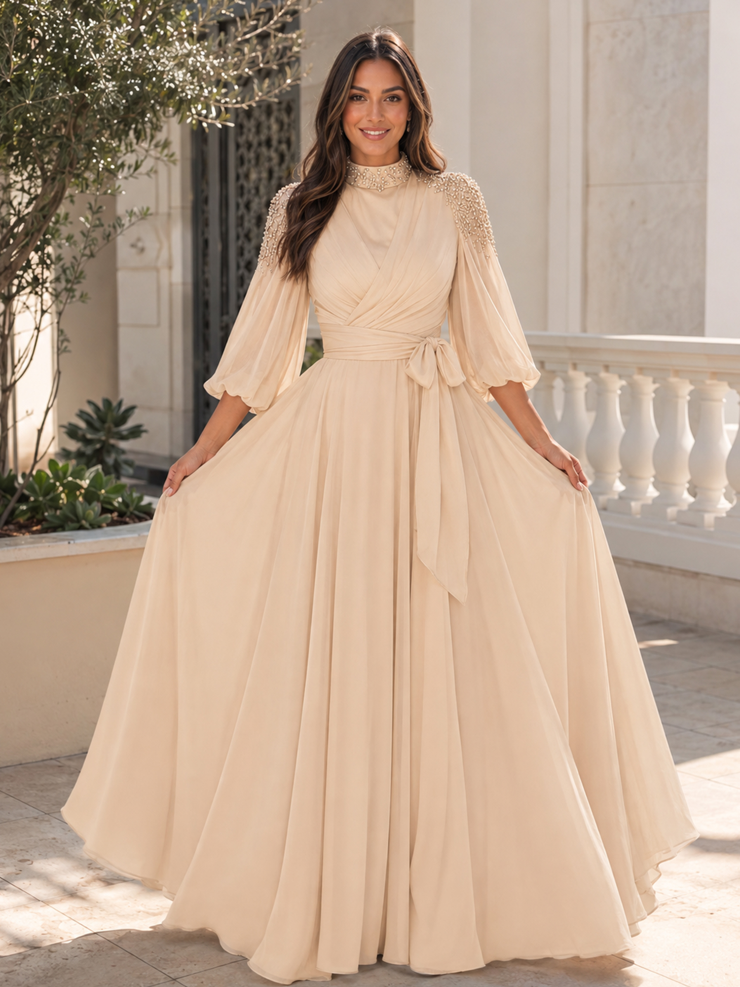 Beaded Mock Neck Long Sleeve Chiffon Evening Gown