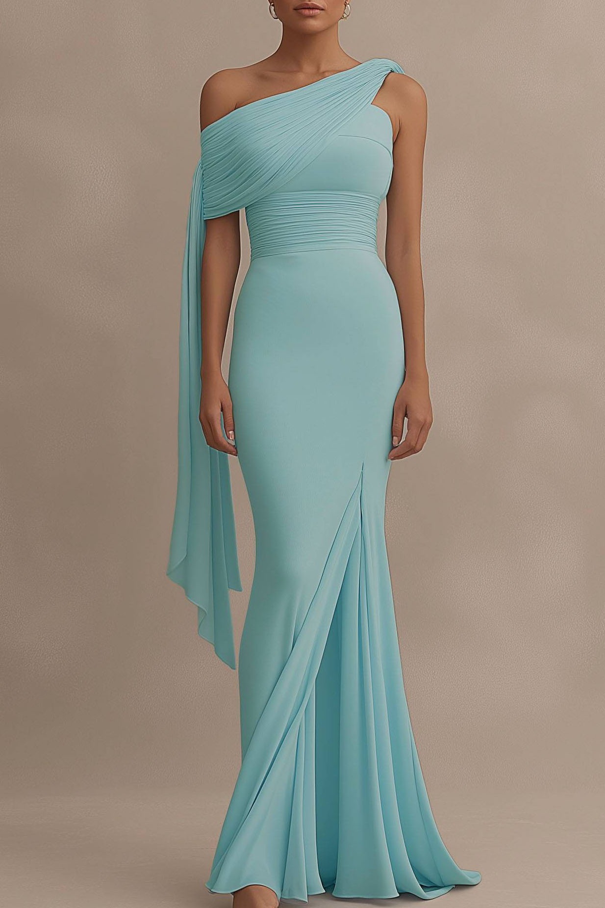 Formal Evening Dress Light Blue One Shoulder Draped Slit Floor Dress