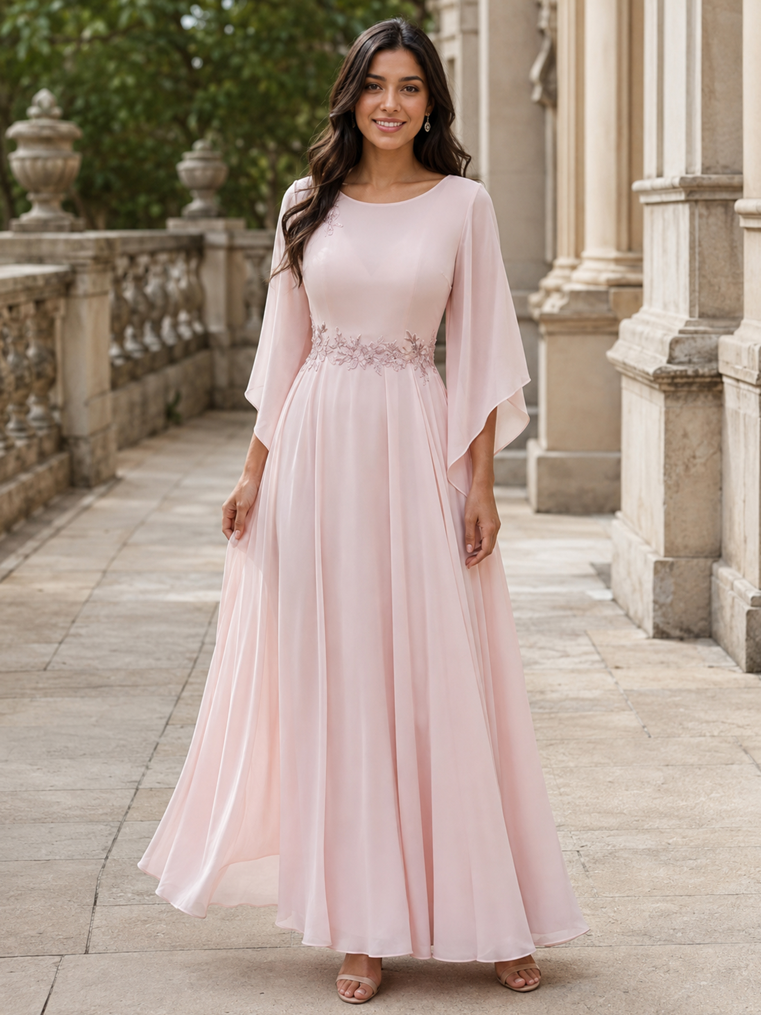 Crew Neck Long Bell Sleeve Applique A-Line Evening Gown