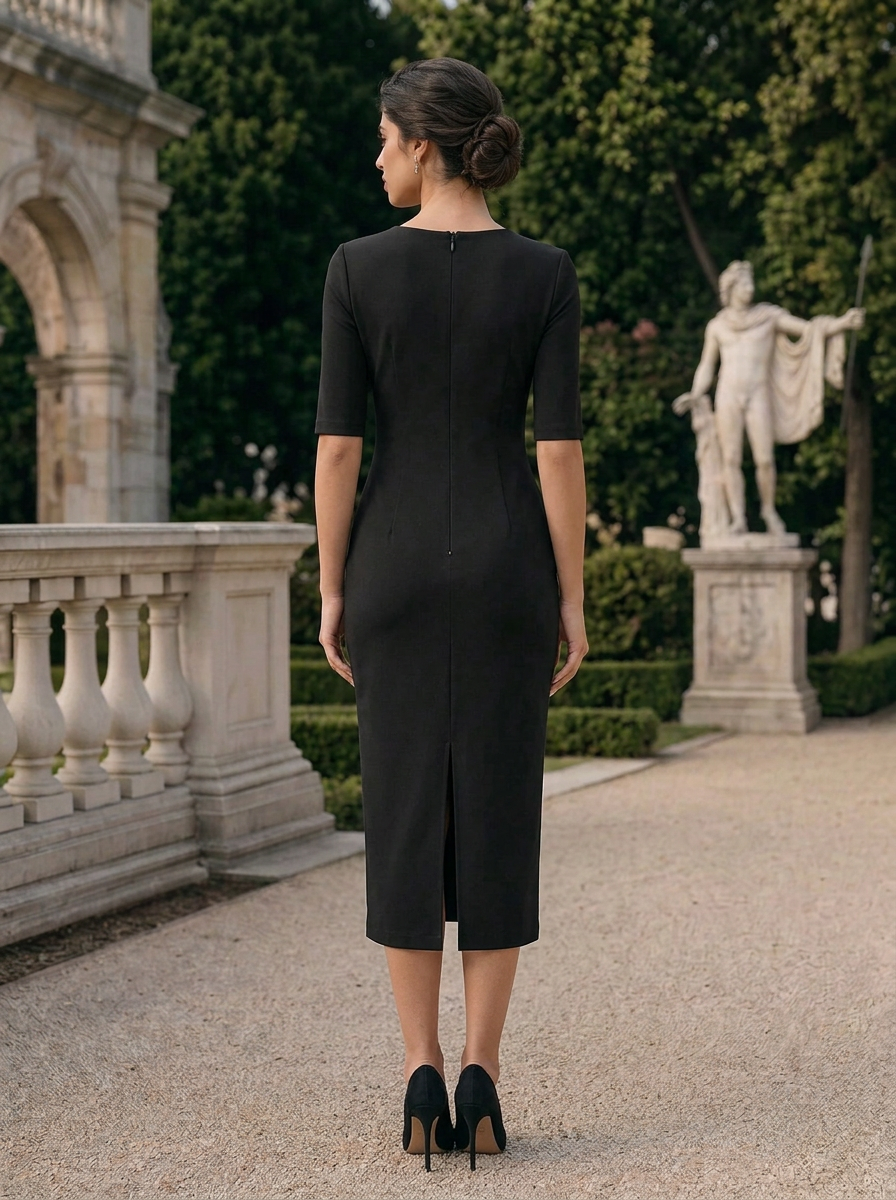 Half Sleeve Crepe Midi Dress With Cutout Detail