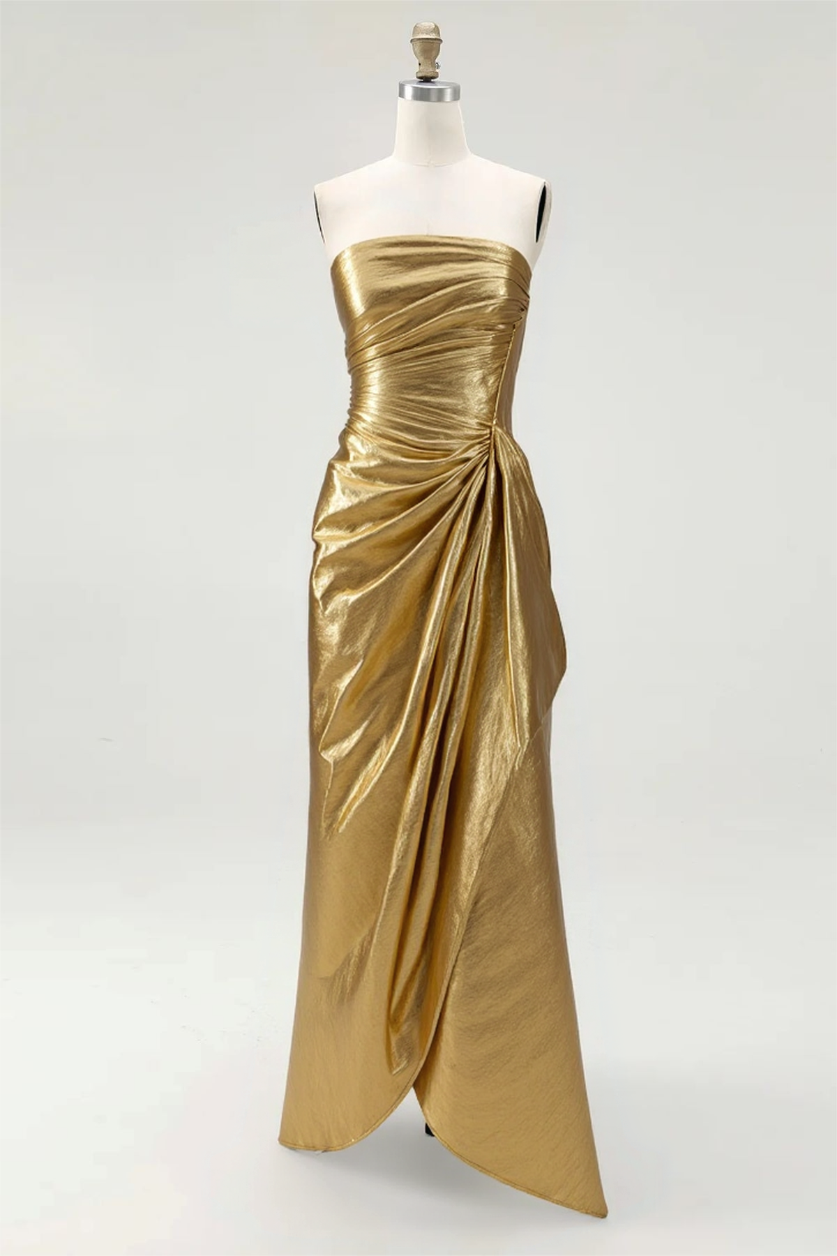 Evening Party Dress Gold Strapless Metallic Midi Dress