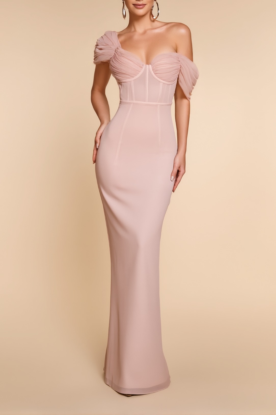 Evening Formal Gown Light Pink Tulle Corset Bodycon Maxi Dress