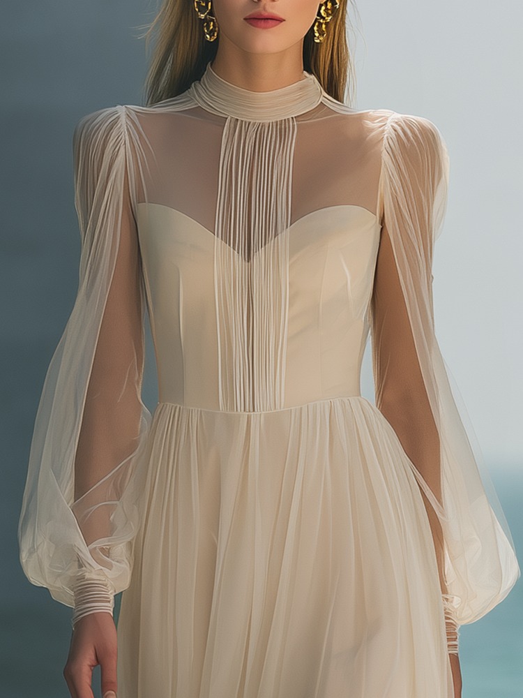 Elegant Round Neck Lantern Sleeve Maxi Dress