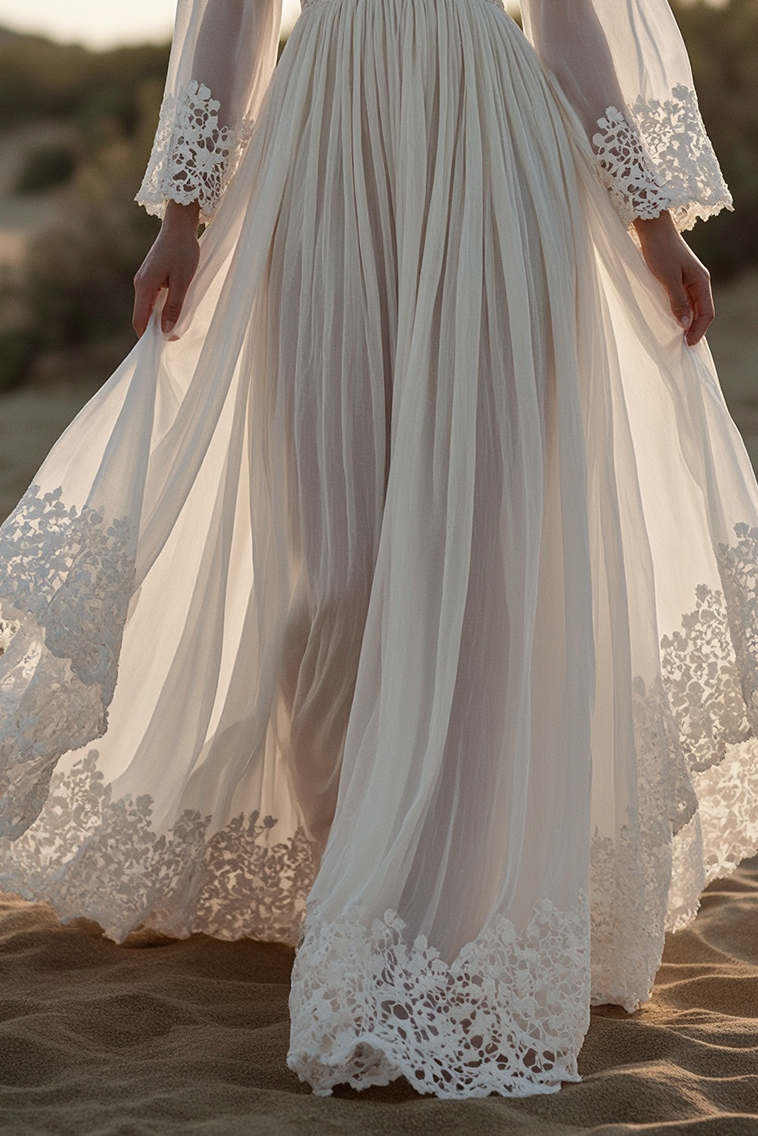 Boho Vacation Lace Dress White Deep V Maxi Dress