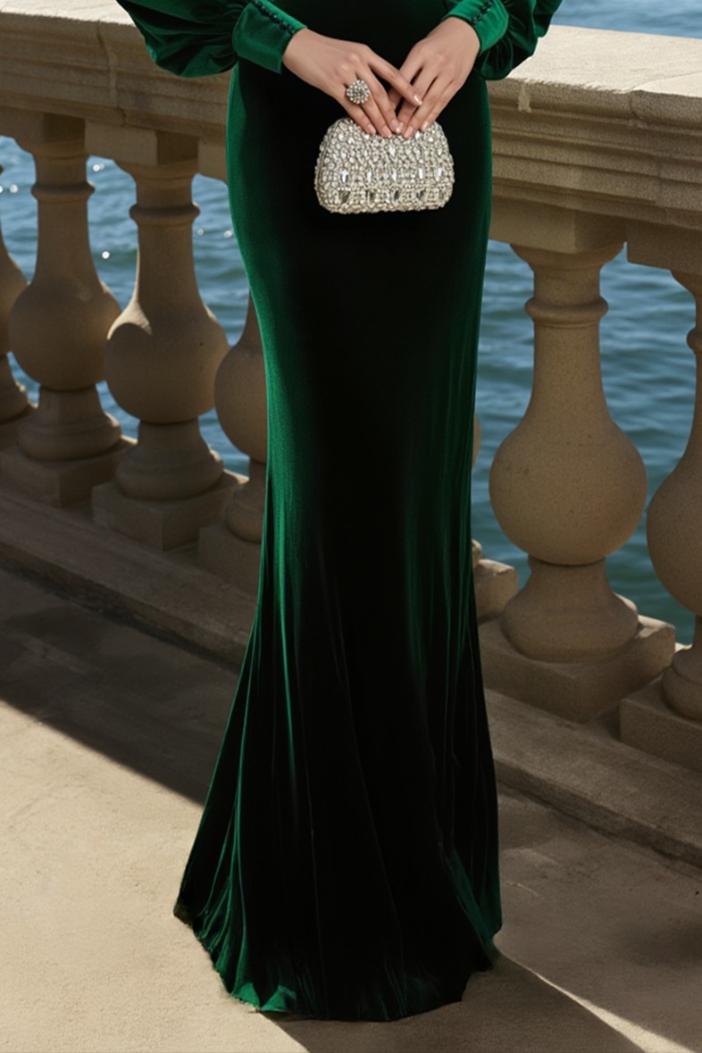 Formal Evening Dress Velvet Dark Green Puff Sleeve Stand Neck Lace Maxi Dress