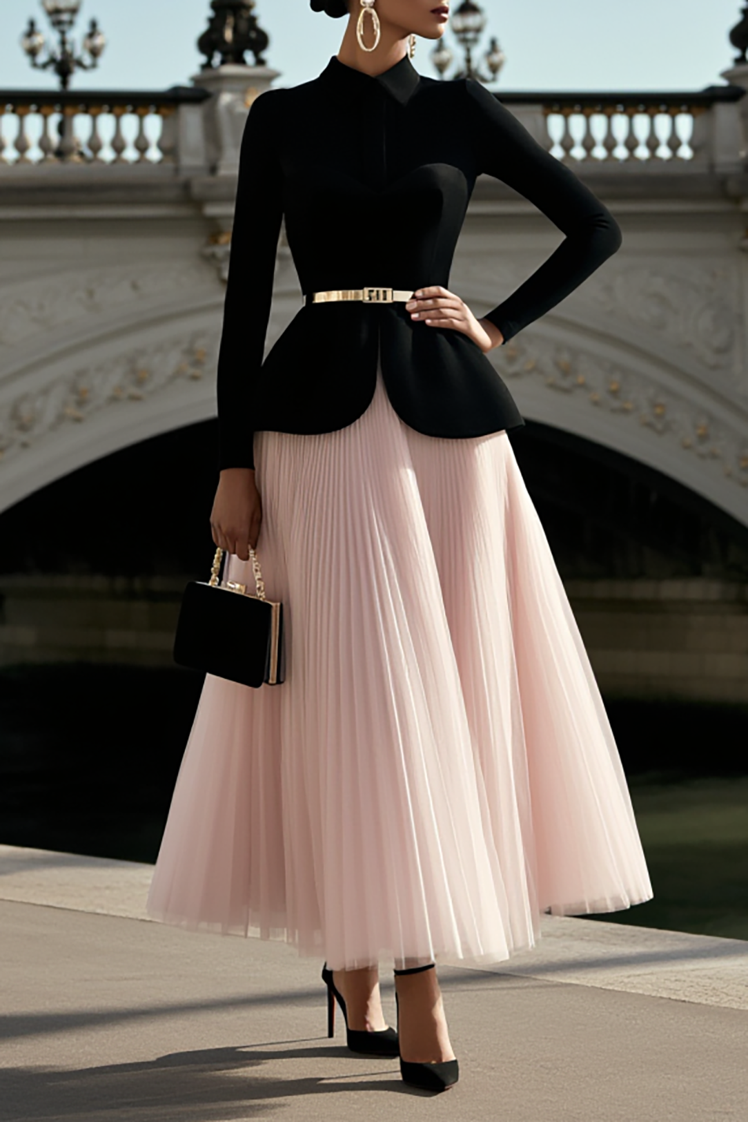 Cocktail Party Skirt Sets Black Long Sleeve Top Pink Pleated Maxi Skirt