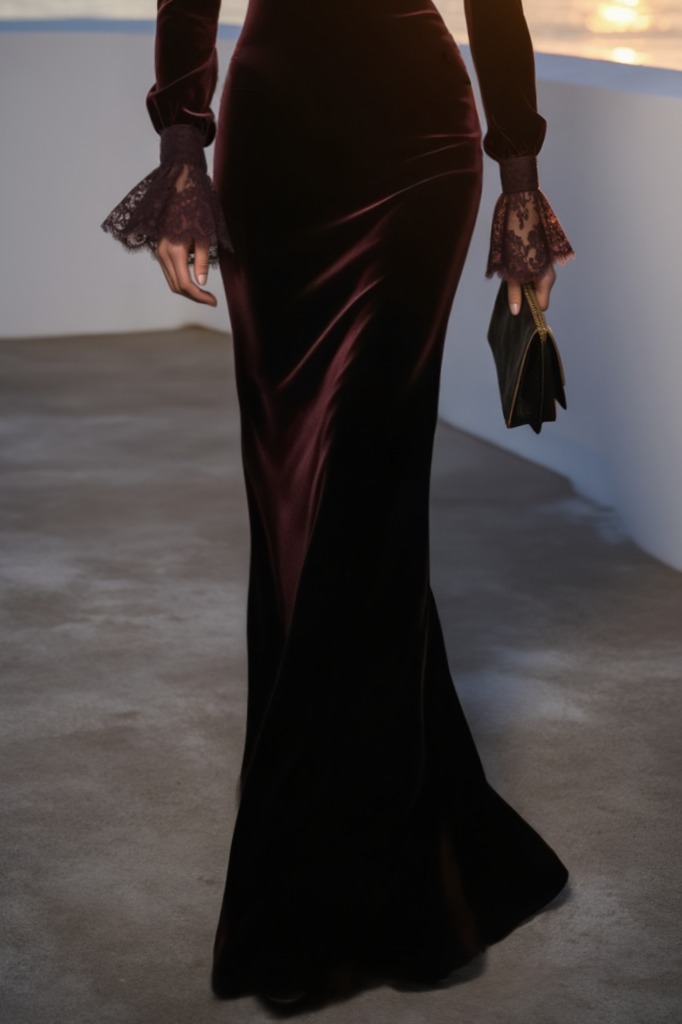 Formal Evening Burgundy Velvet Dress Long Sleeve Collared Maxi Gown