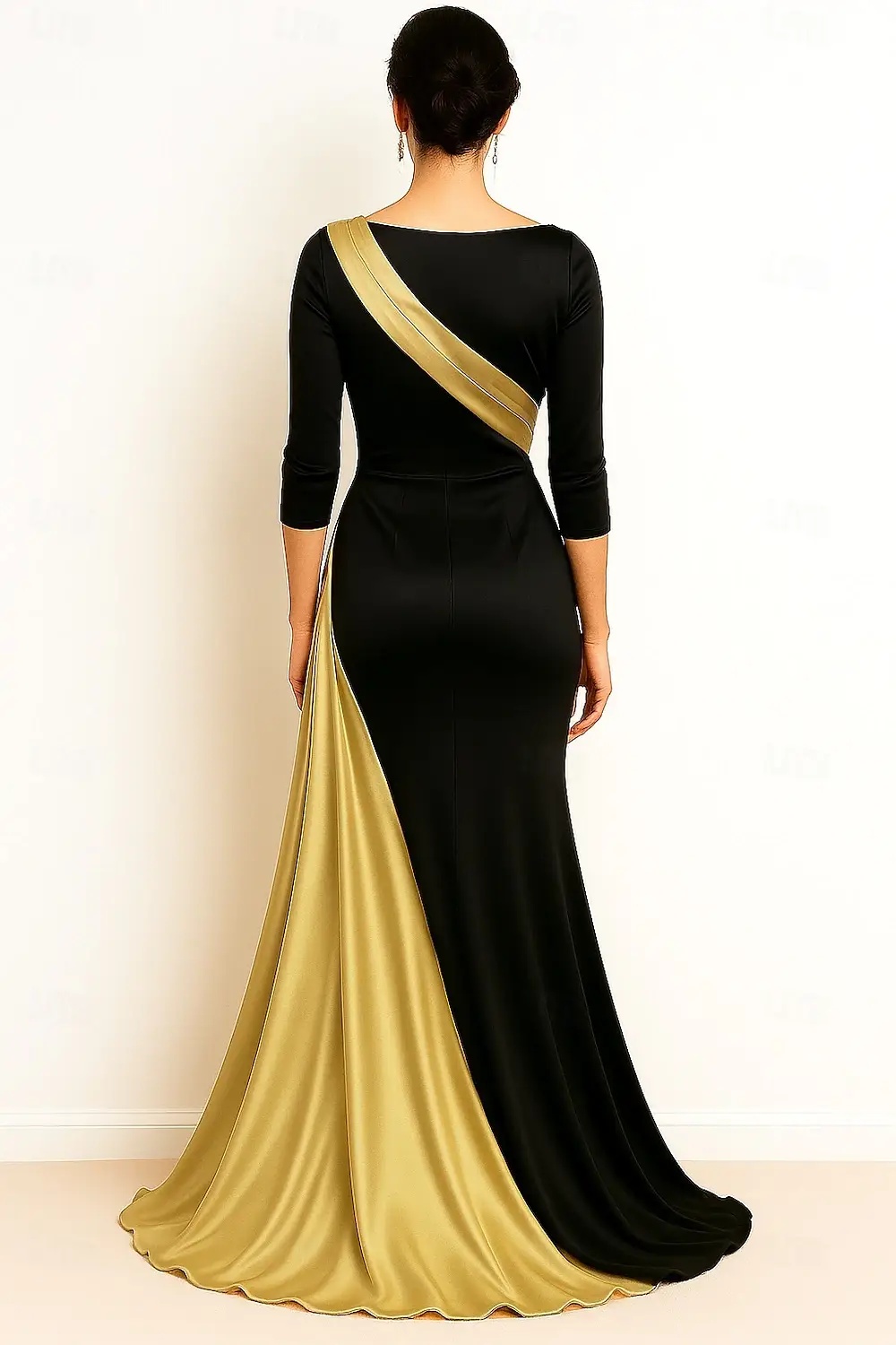Formal Evening Dress Black & Gold 3/4 Sleeve Ruched Maxi Gown
