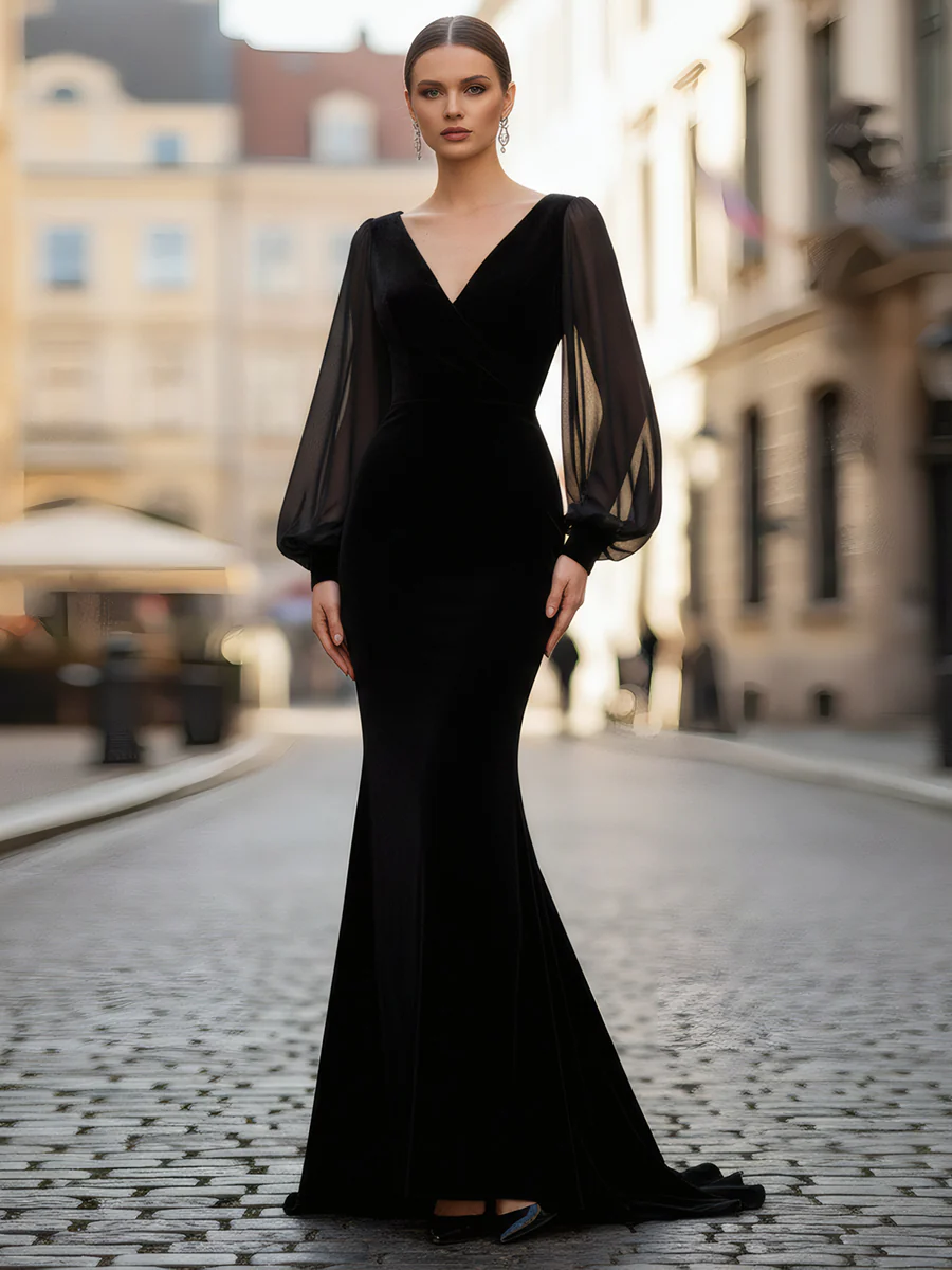 Black Sheer-Sleeve V-Neck Velvet Mermaid Gown